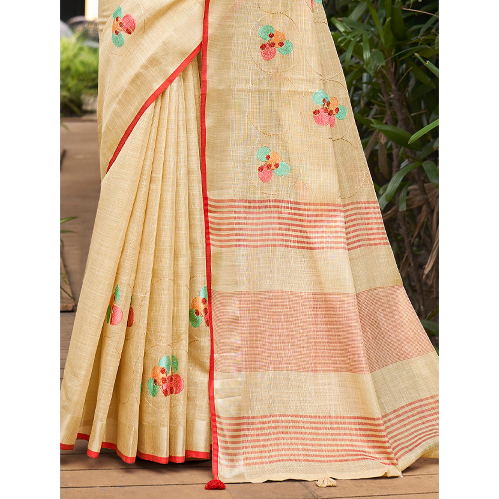 Beige Floral Embroidered Linen Saree With Tassels