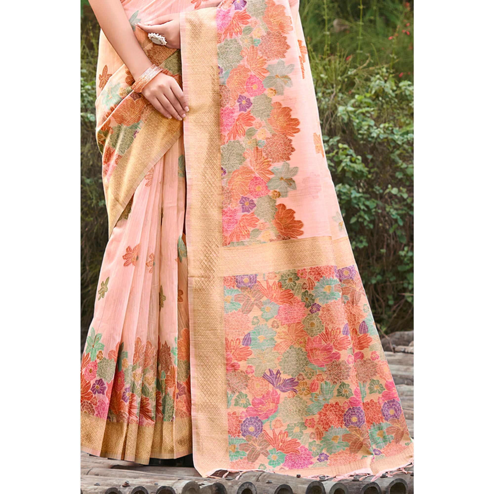 Peach Woven Cotton Blend Saree With Tassels
