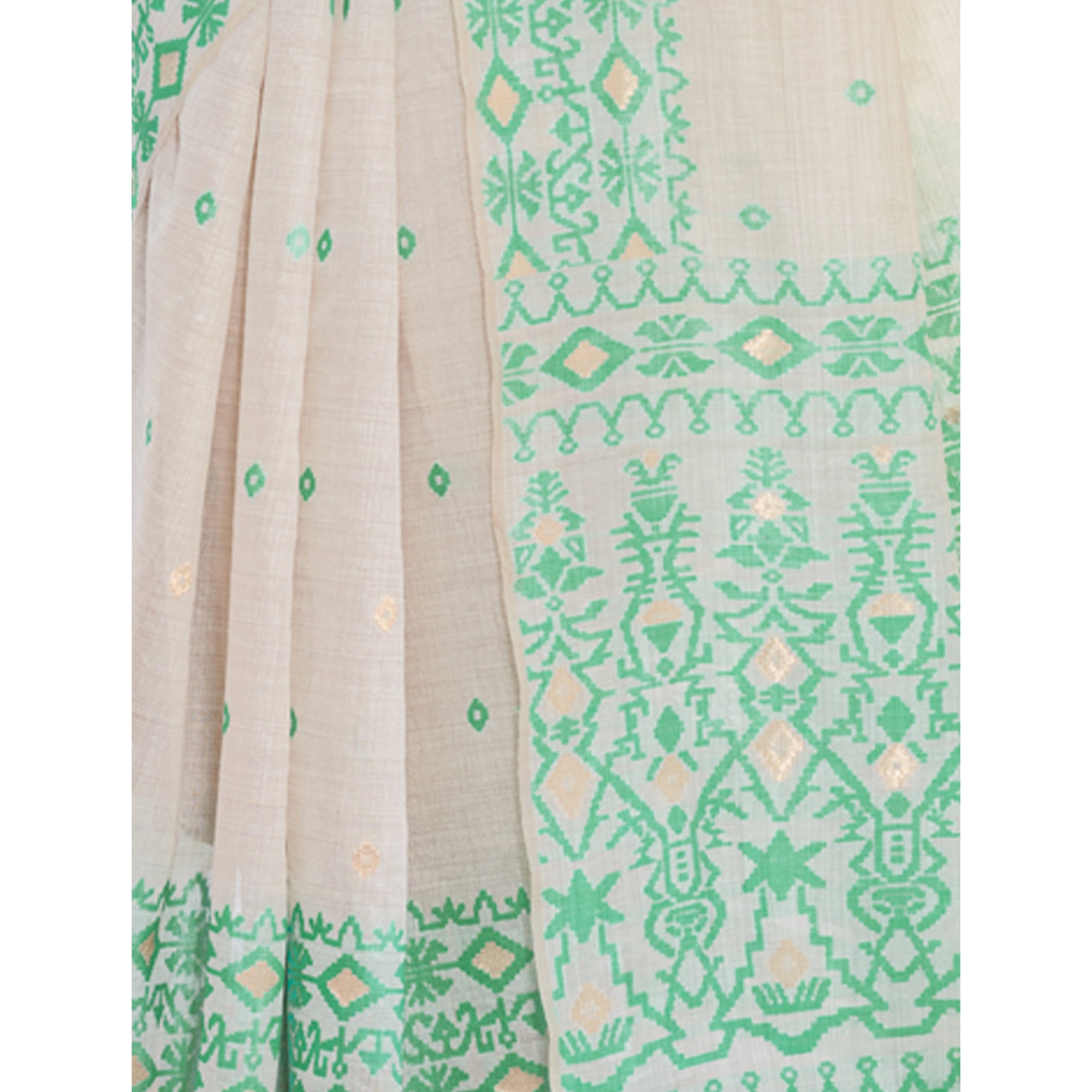 Off White & Green Woven Cotton Silk Saree With Tassels