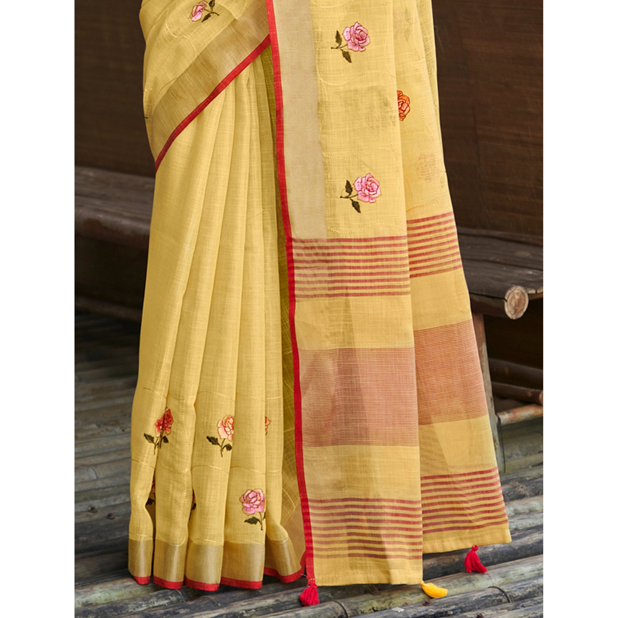 Yellow Floral Embroidered Linen Saree With Tassels