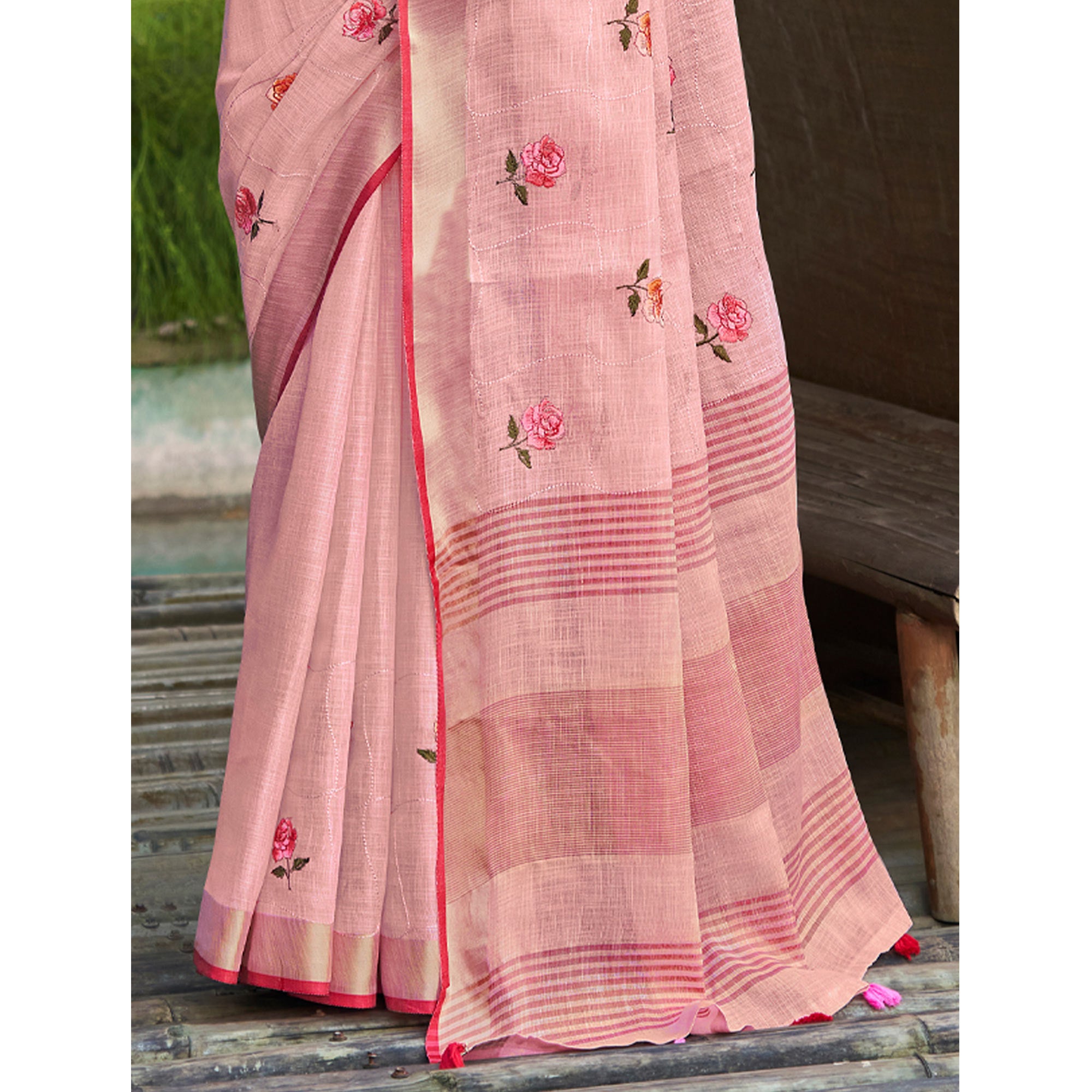 Pink Floral Embroidered Linen Saree With Tassels