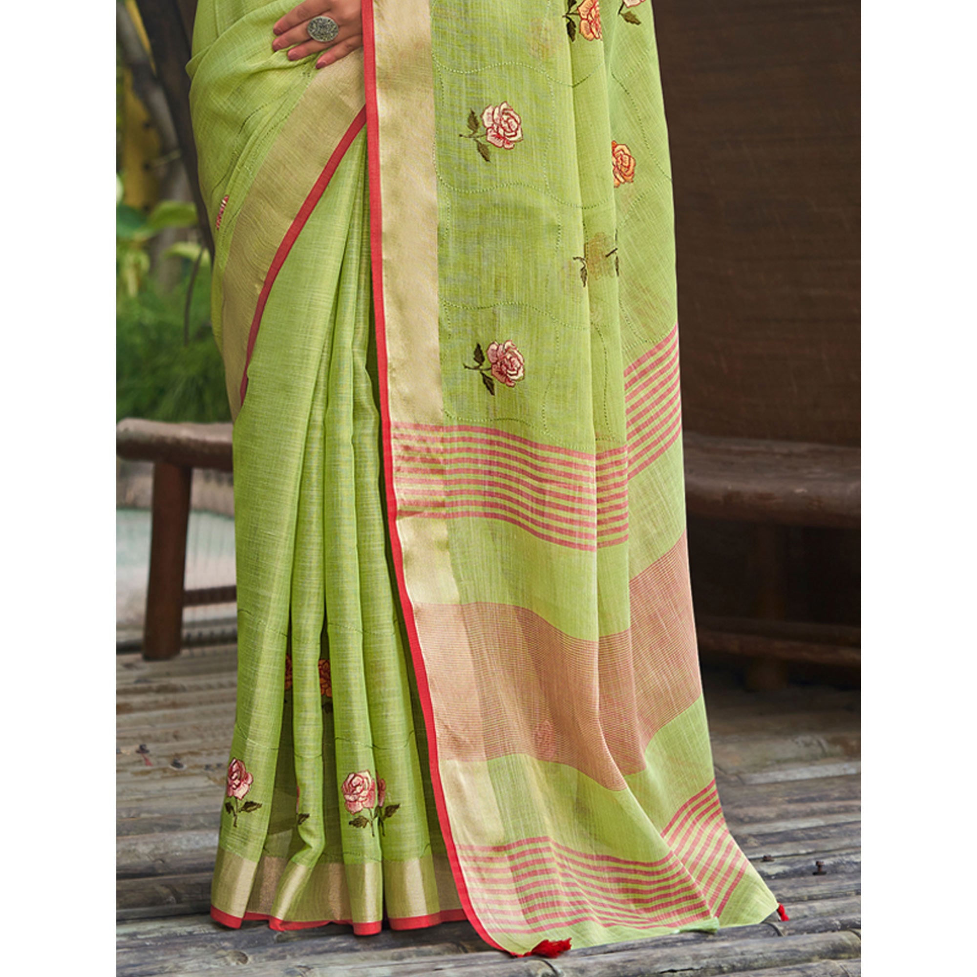 Green Floral Embroidered Linen Saree With Tassels