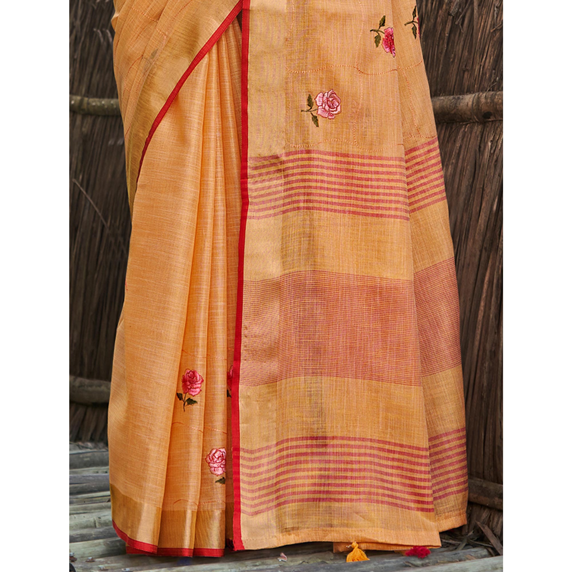 Orange Floral Embroidered Linen Saree With Tassels