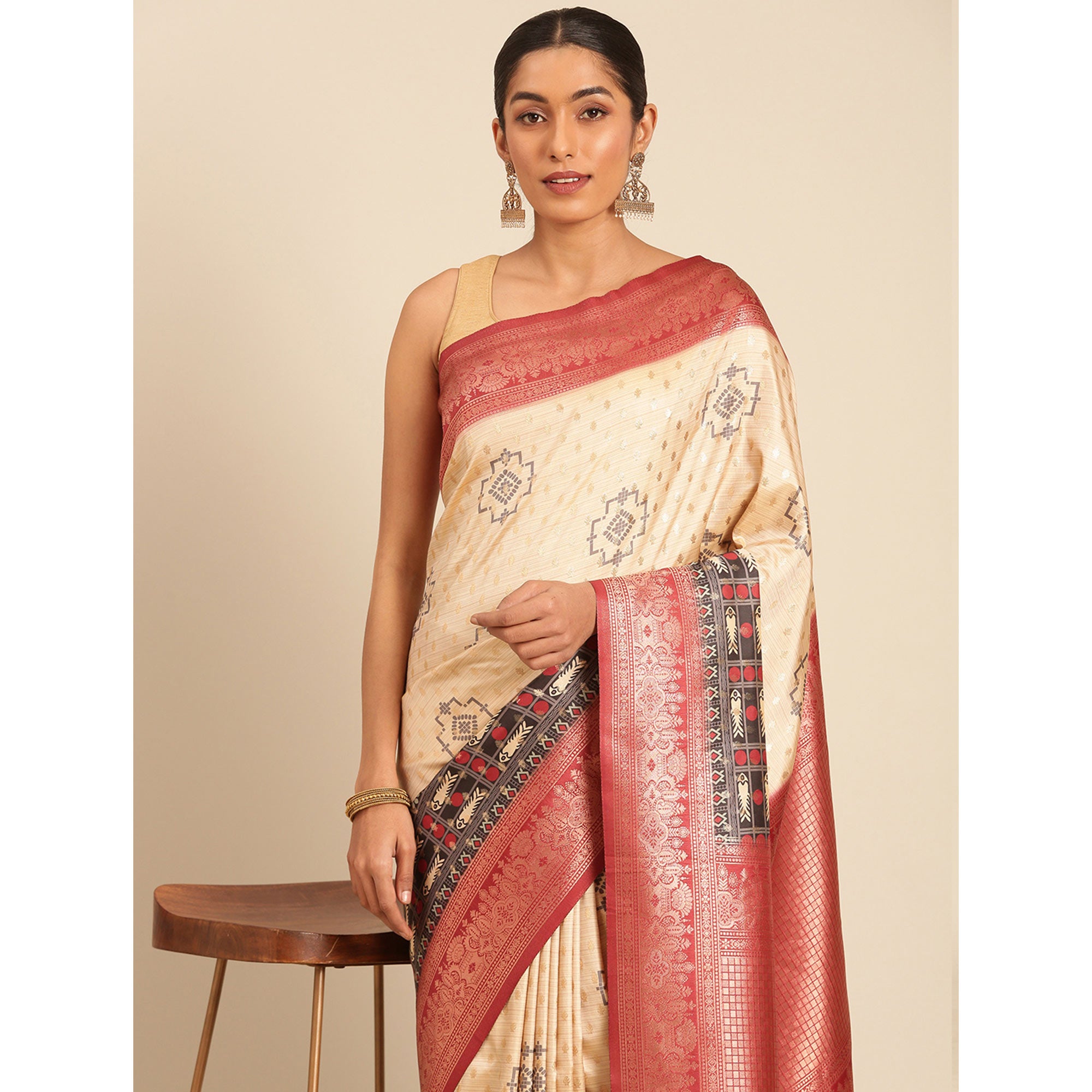 Cream Woven Banarasi Silk Saree With Tassels