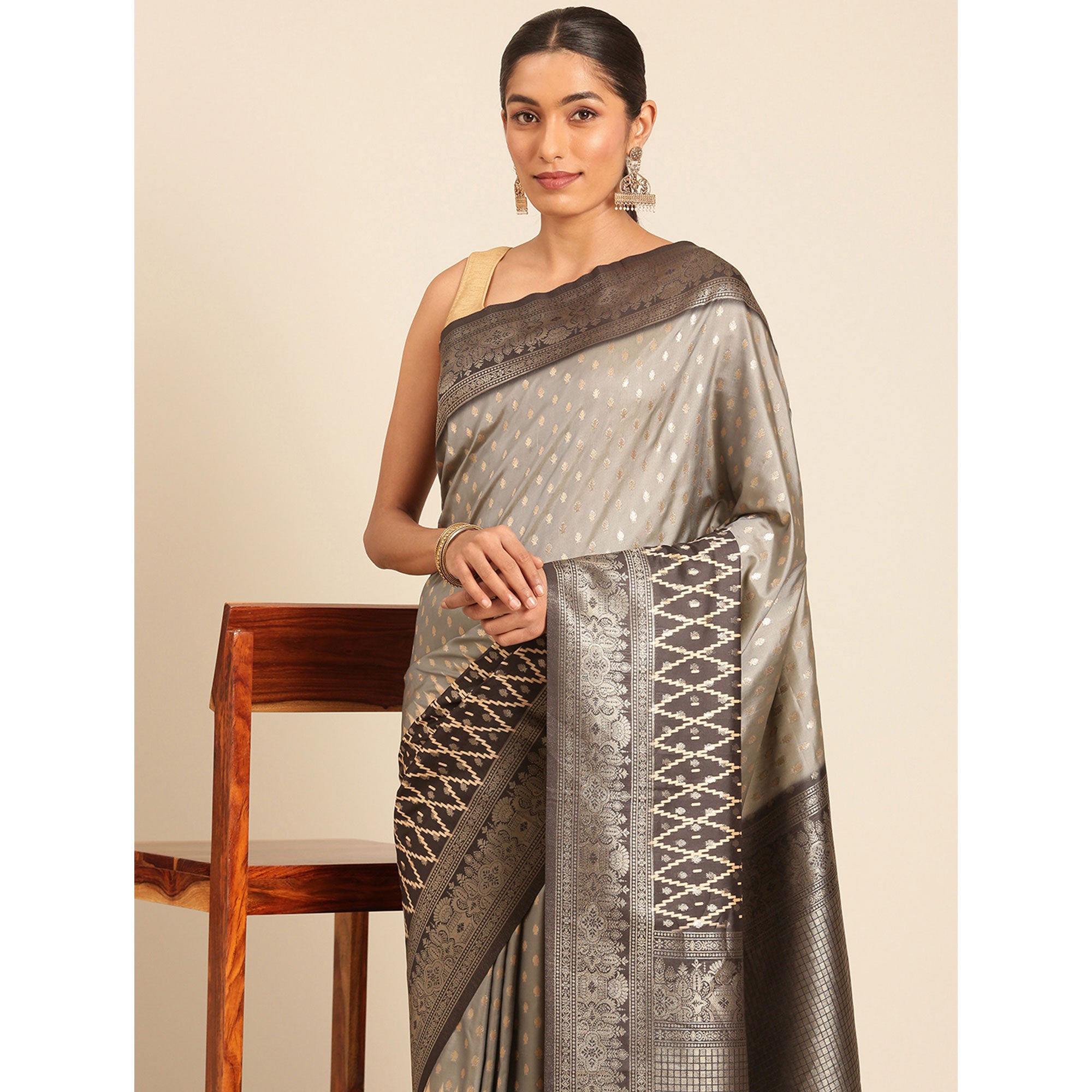 Grey Woven Banarasi Silk Saree With Tassels