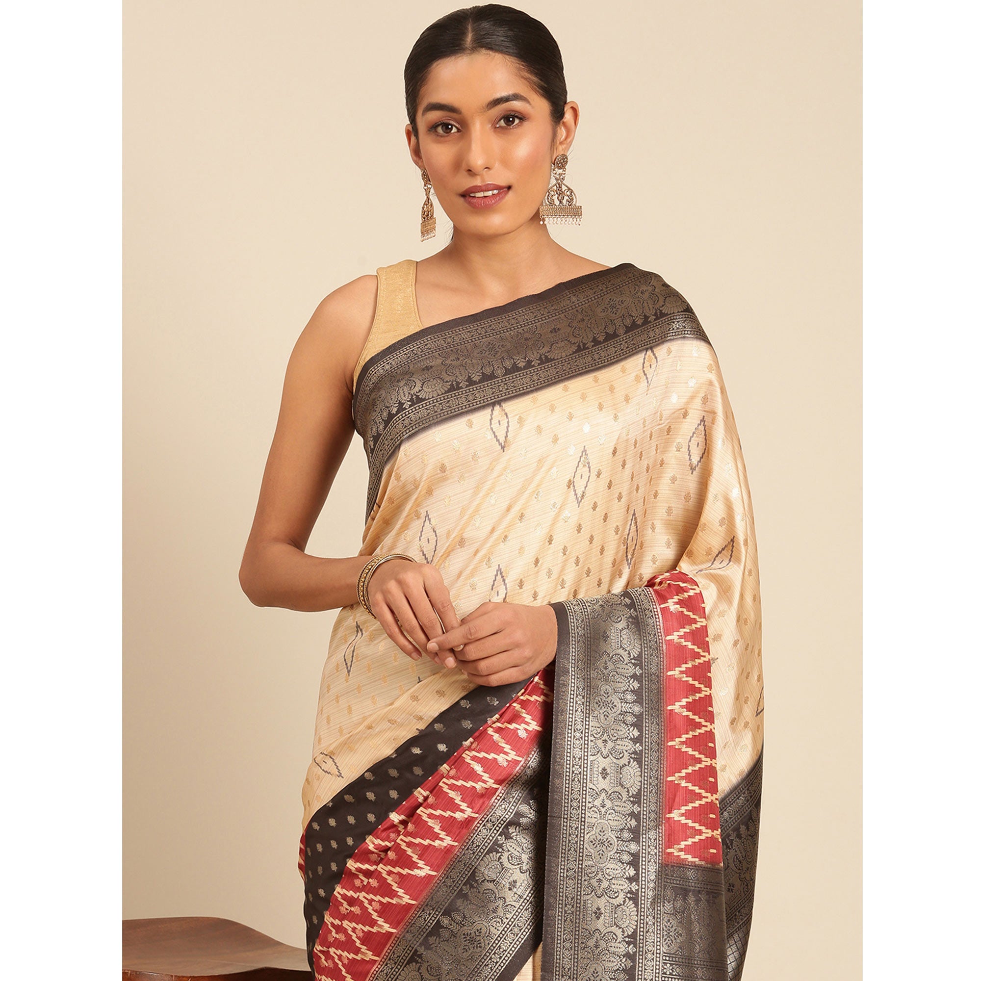 Cream Woven Banarasi Silk Saree With Tassels