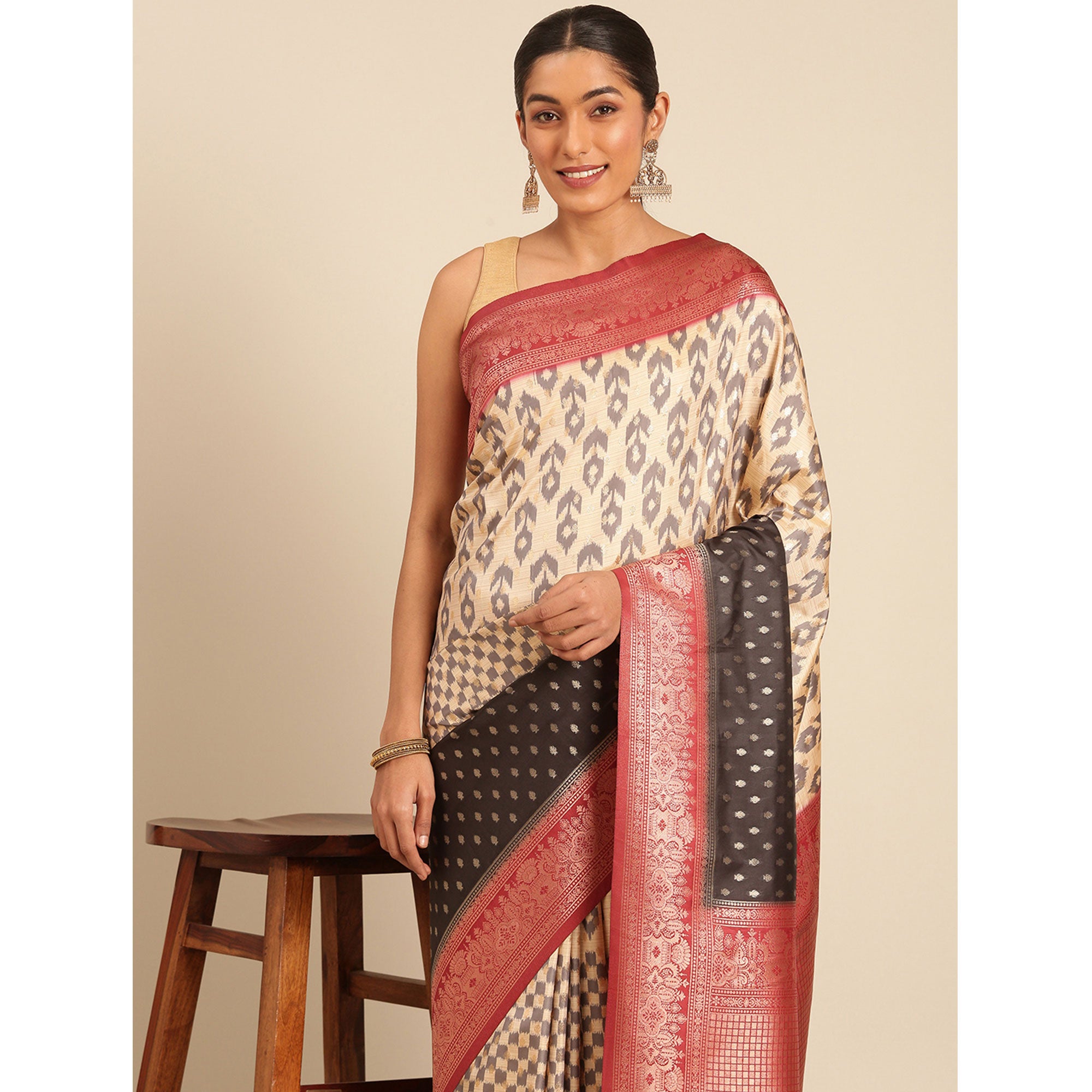 Cream Woven Banarasi Silk Saree With Tassels