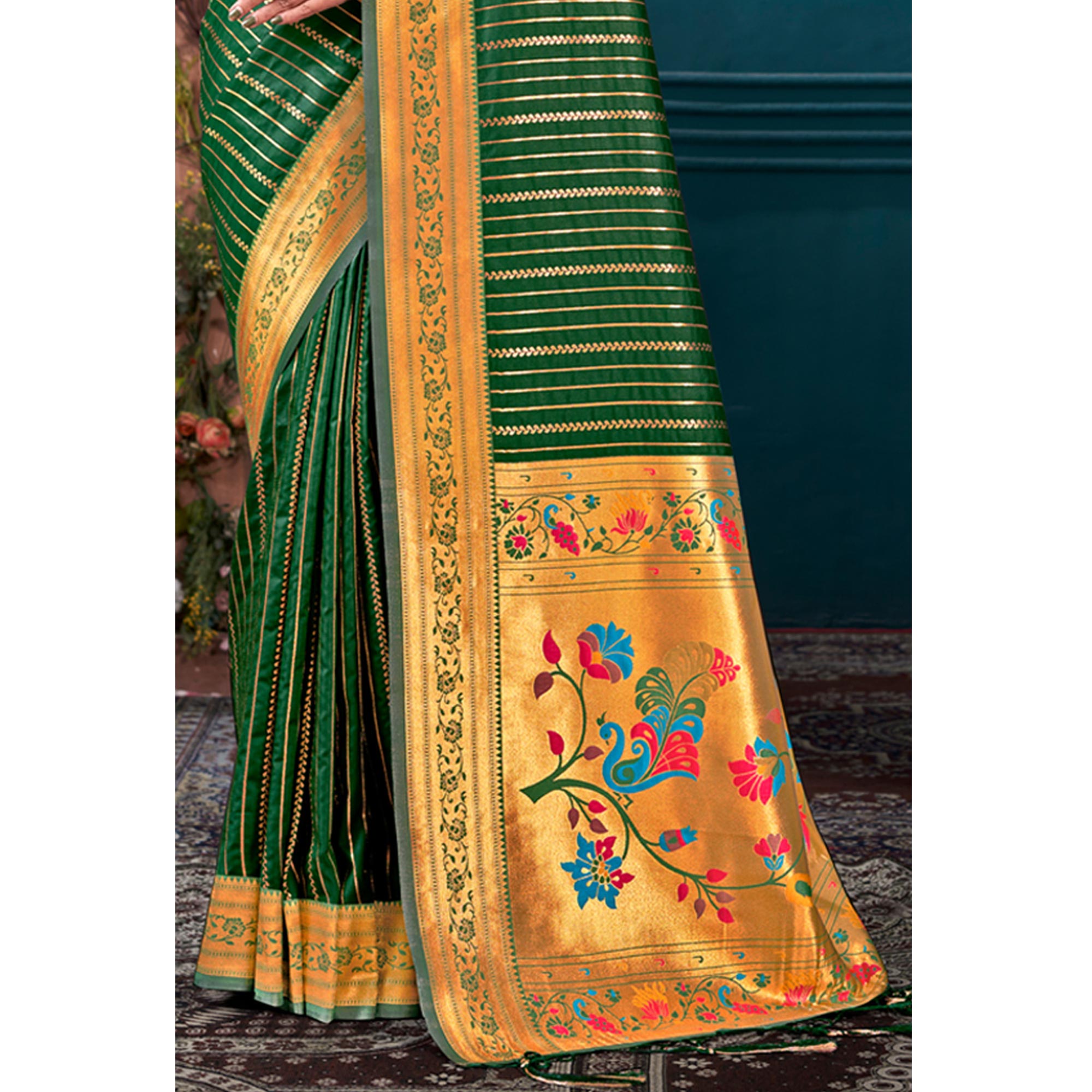 Dark Green Woven Paithani Raw Silk Saree With Tassels