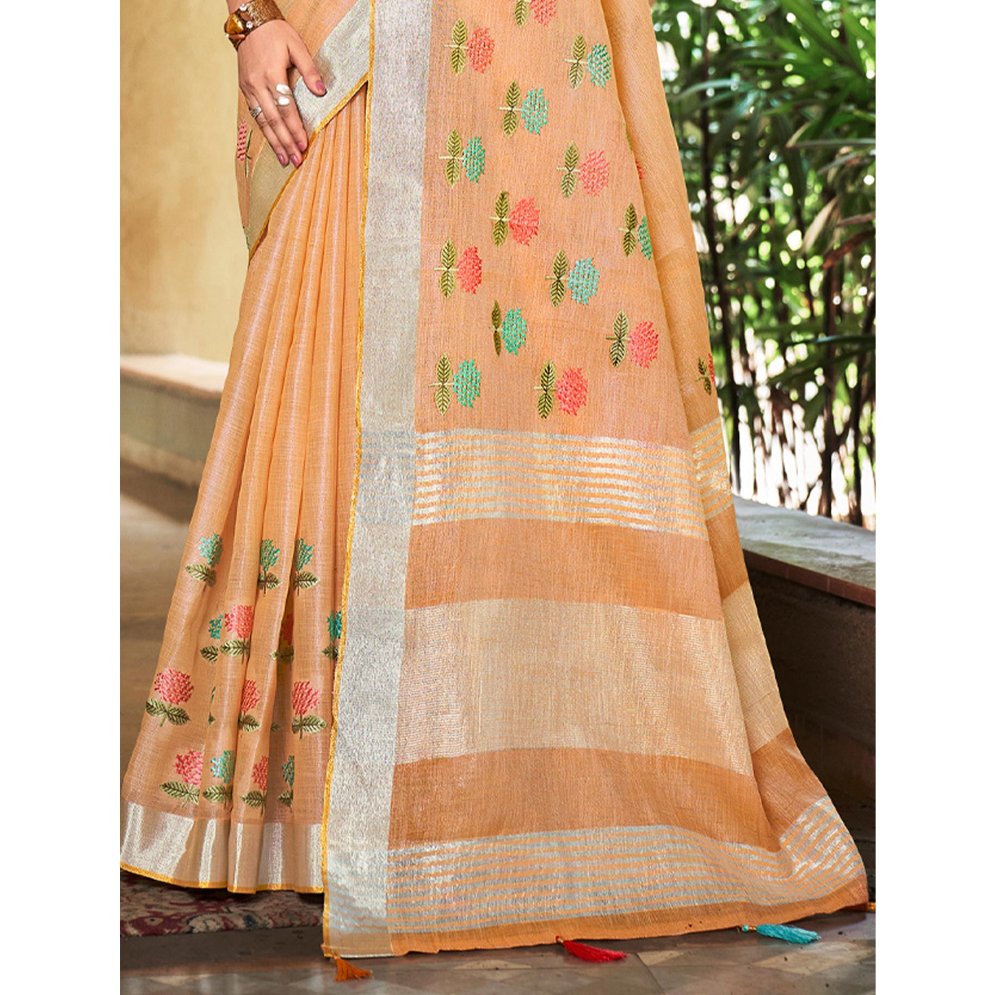 Orange Floral Embroidered Linen Saree With Tassels