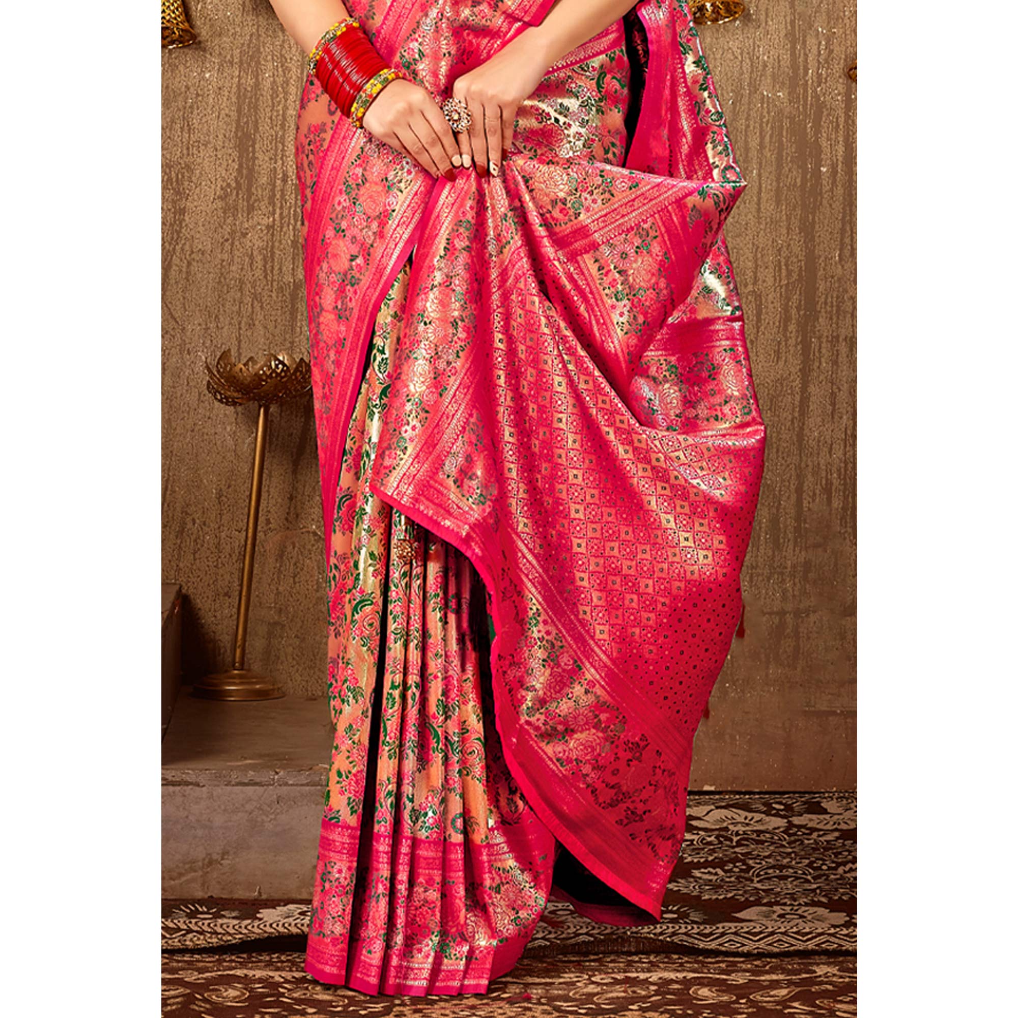 Pink Floral Woven Banarasi Silk Saree