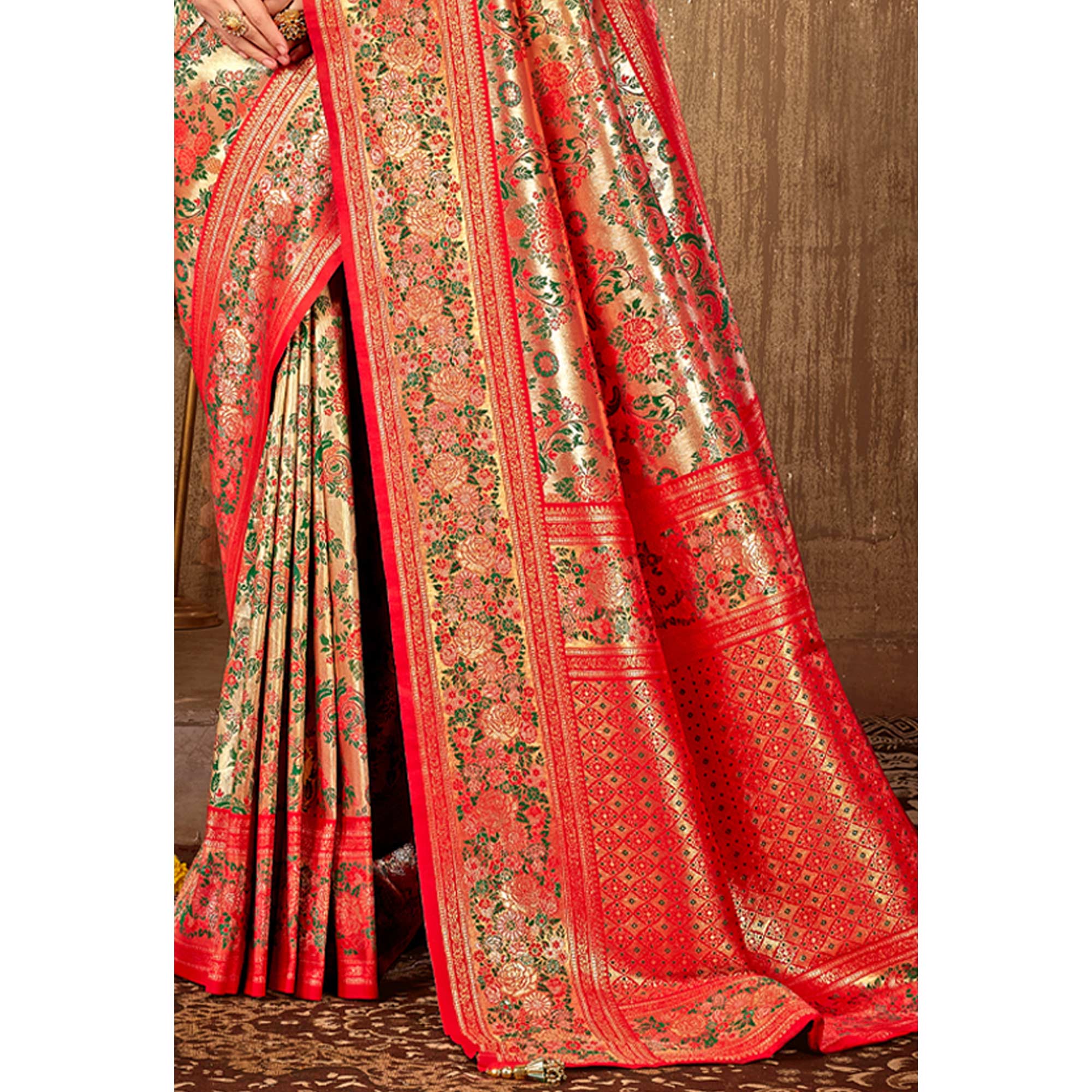 Red Floral Woven Banarasi Silk Saree