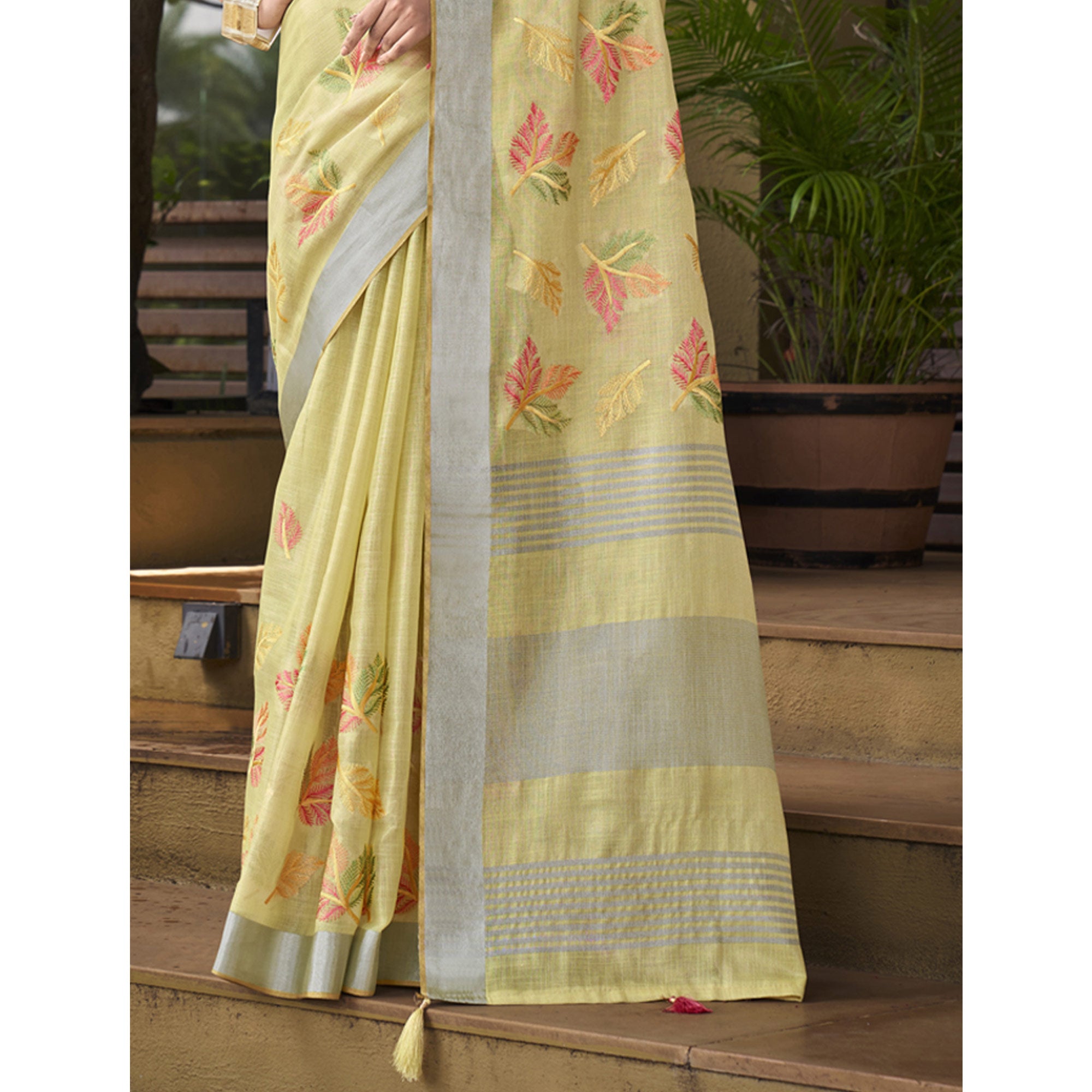 Yellow Floral Embroidered Linen Saree With Tassels