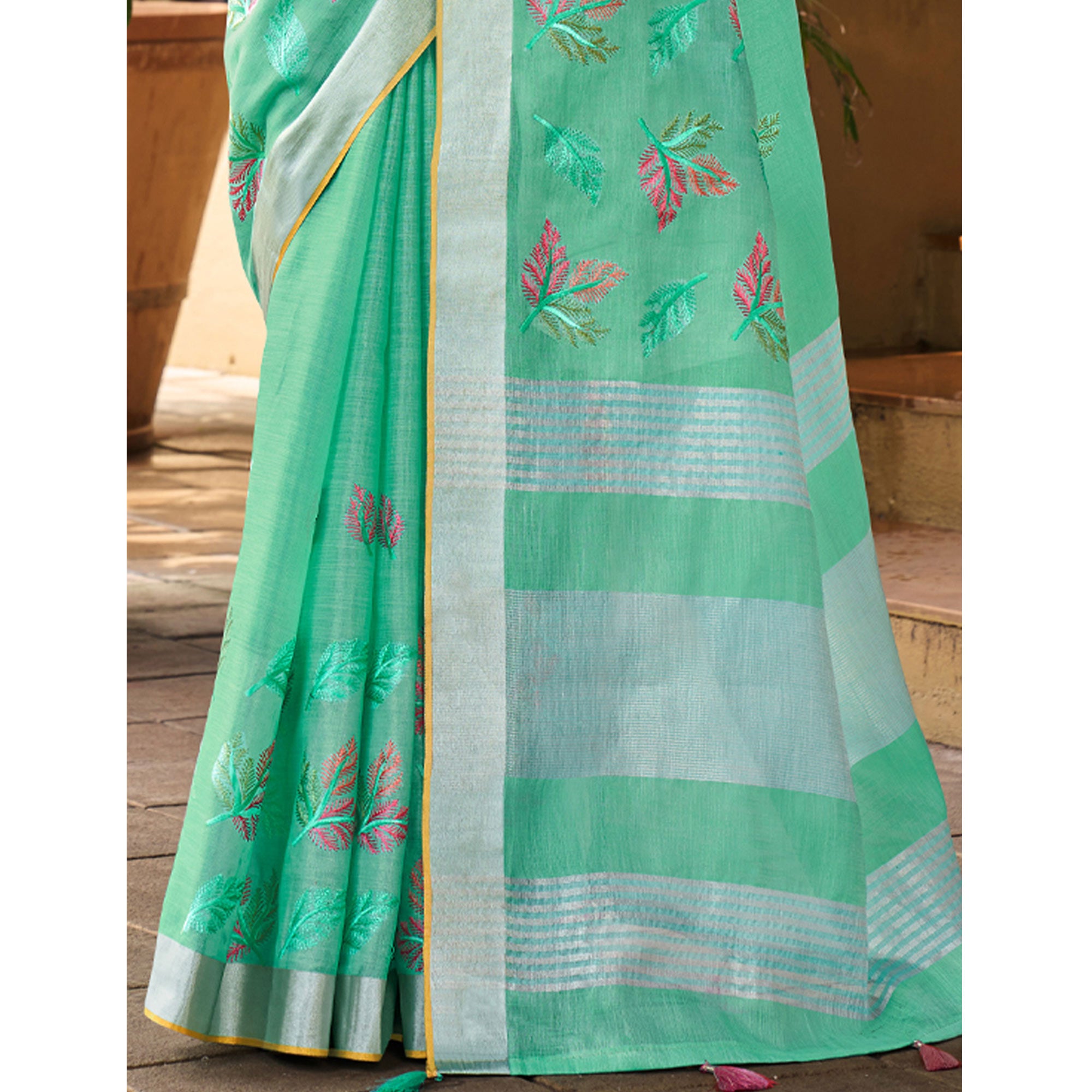 Sea Green Floral Embroidered Linen Saree With Tassels