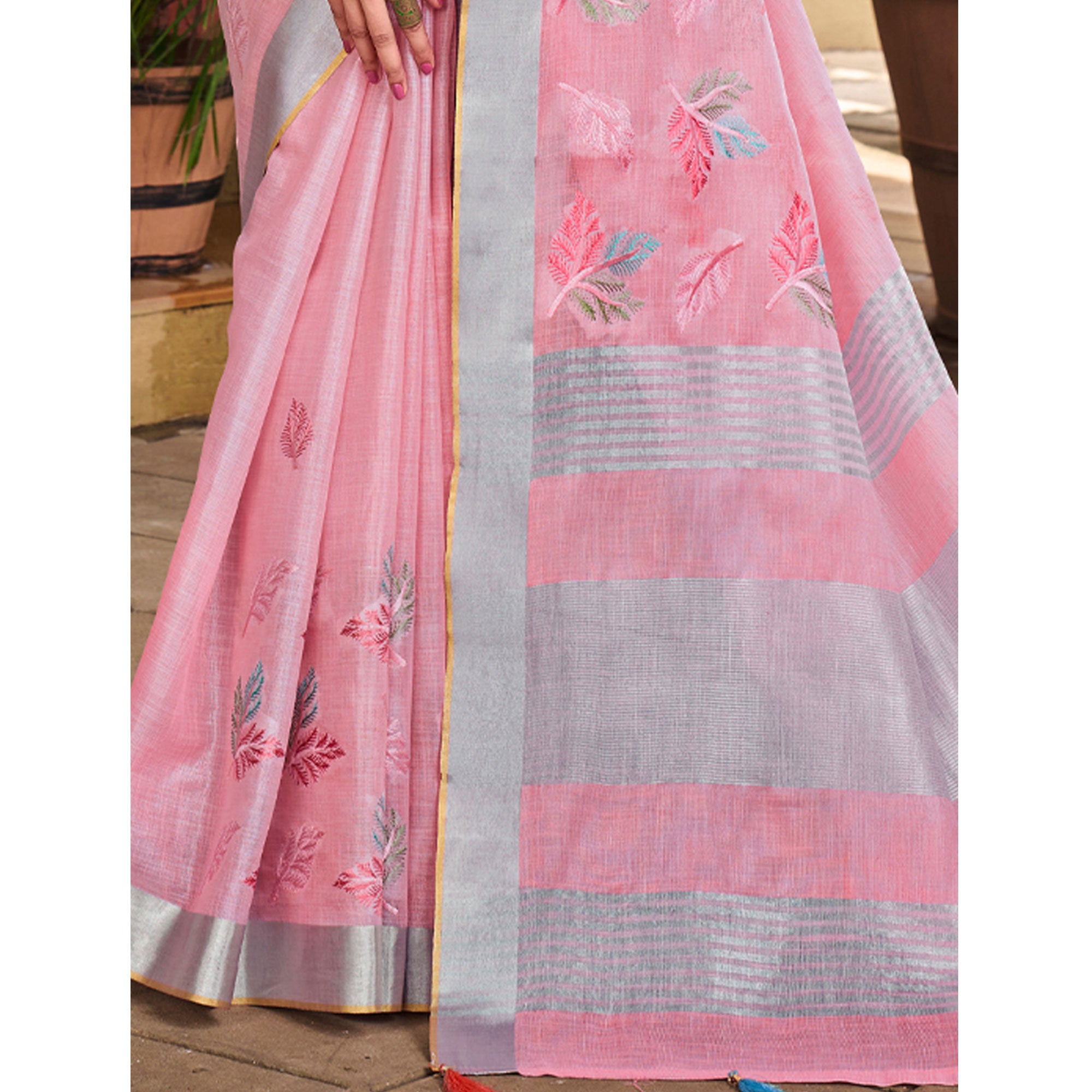 Pink Floral Embroidered Linen Saree With Tassels