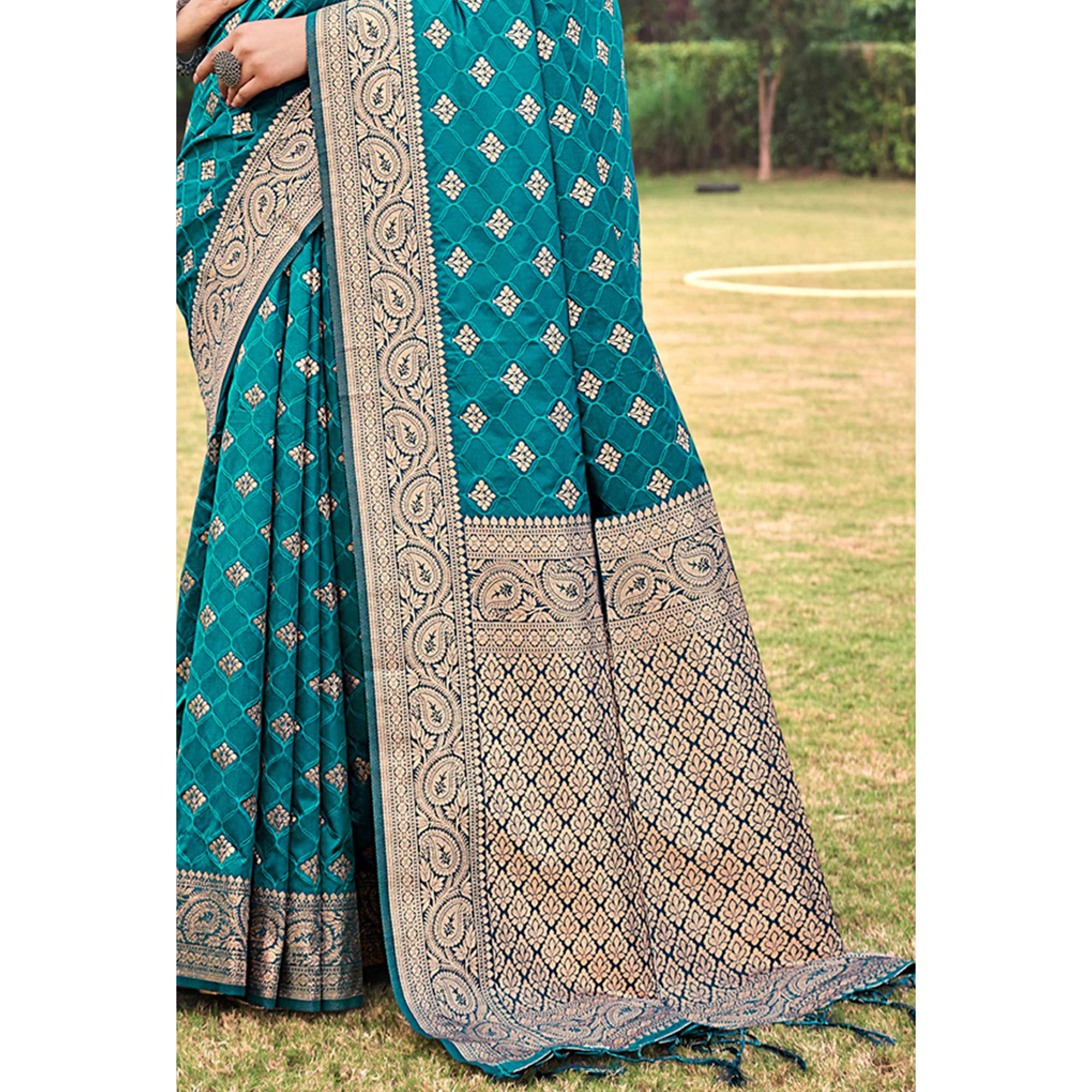Rama Blue Floral Woven Kanjivaram Silk Saree With Tassels