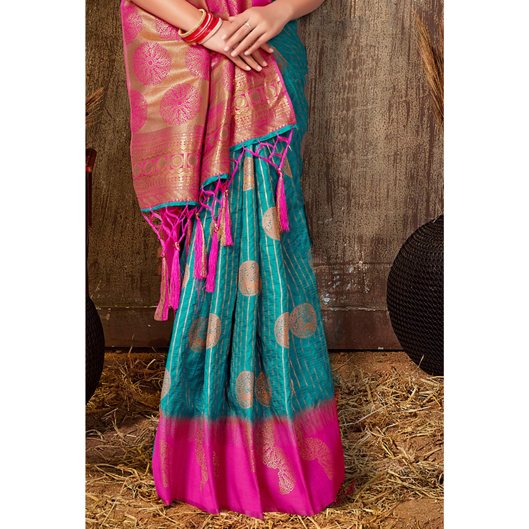 Rama Blue Woven Banarasi Silk Saree With Tassels