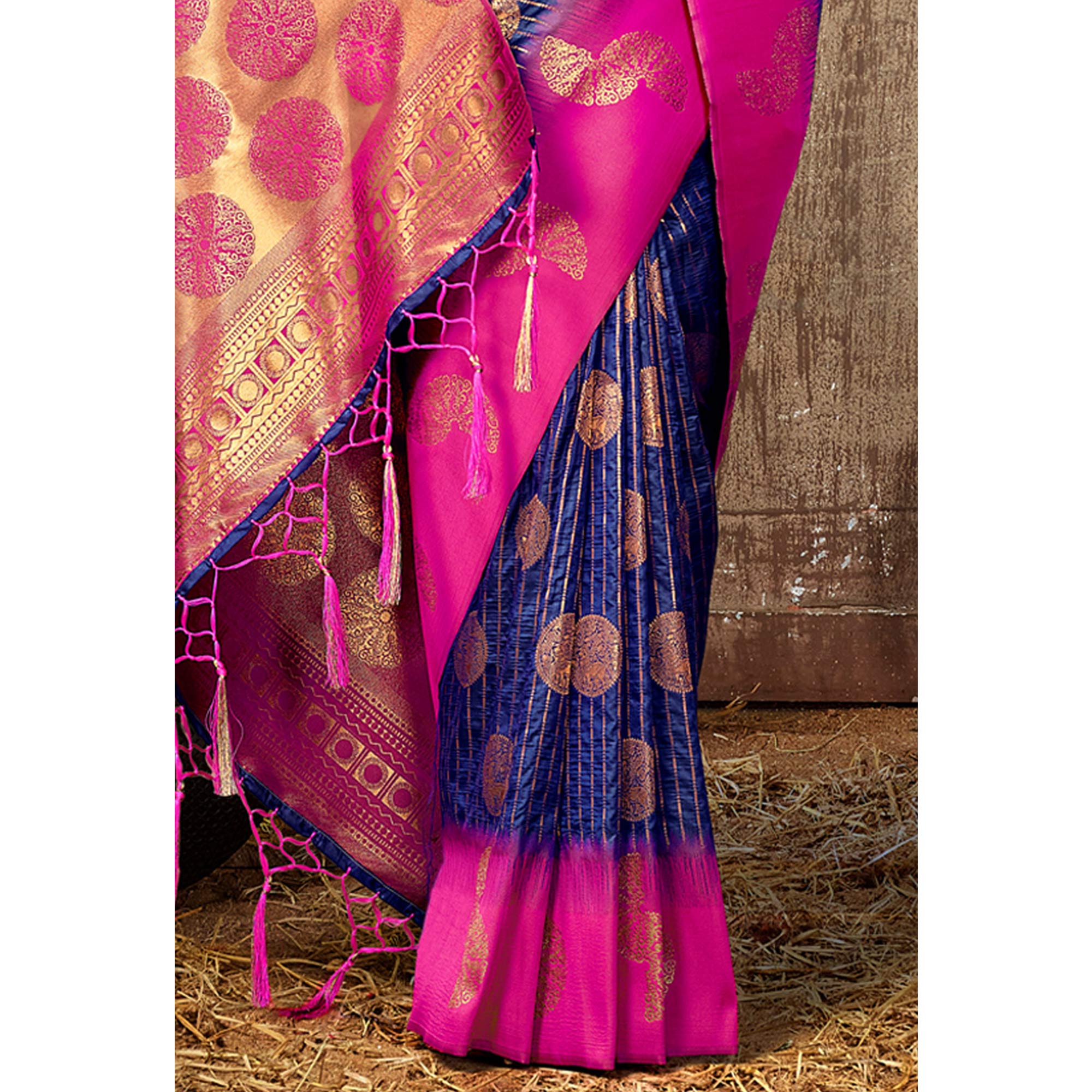 Blue Woven Banarasi Silk Saree With Tassels