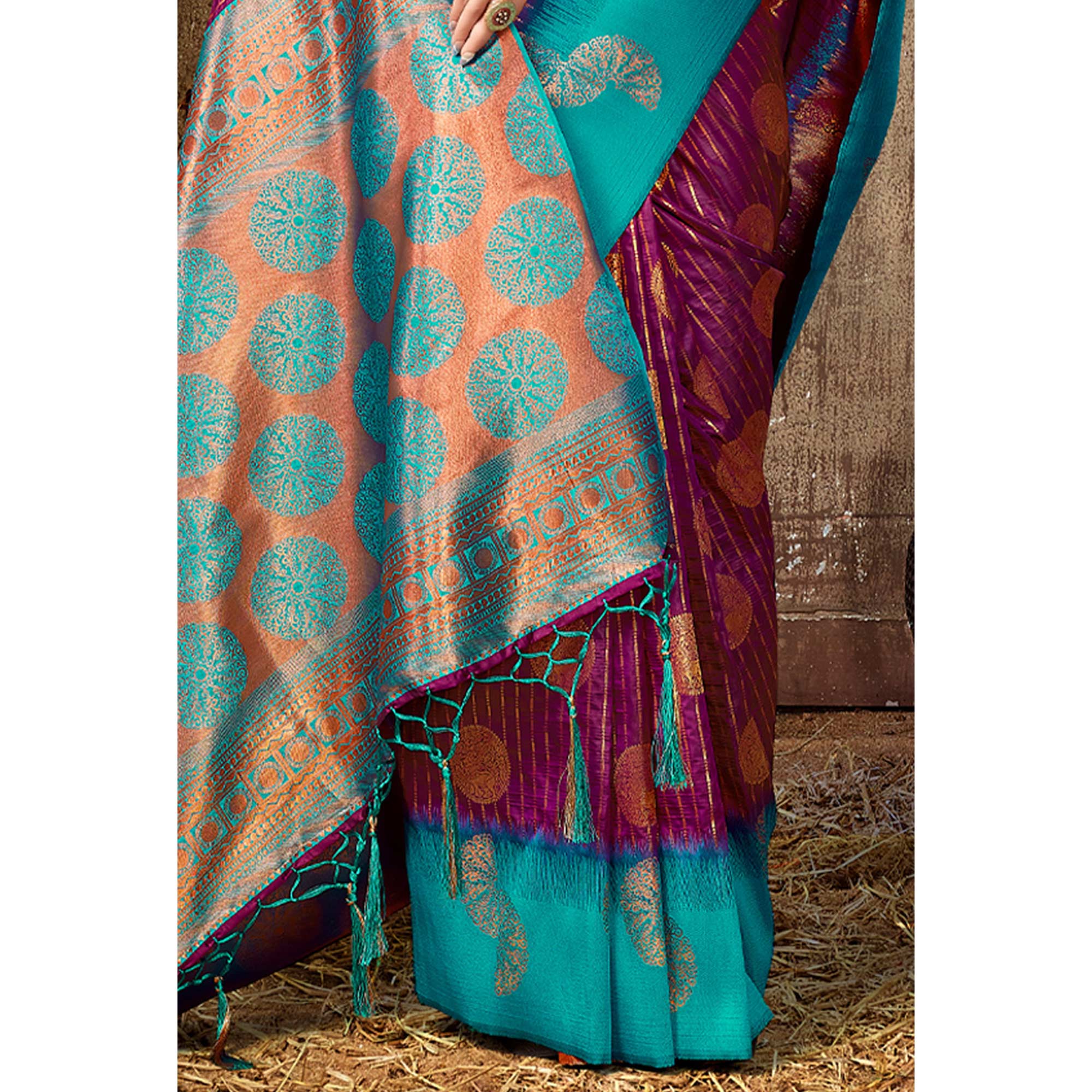 Purple Woven Banarasi Silk Saree With Tassels