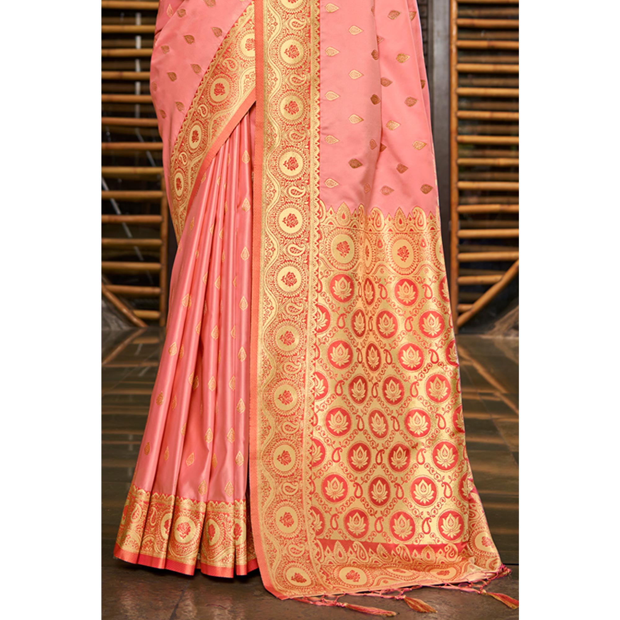 Peach Woven Satin Silk Saree With Tassels