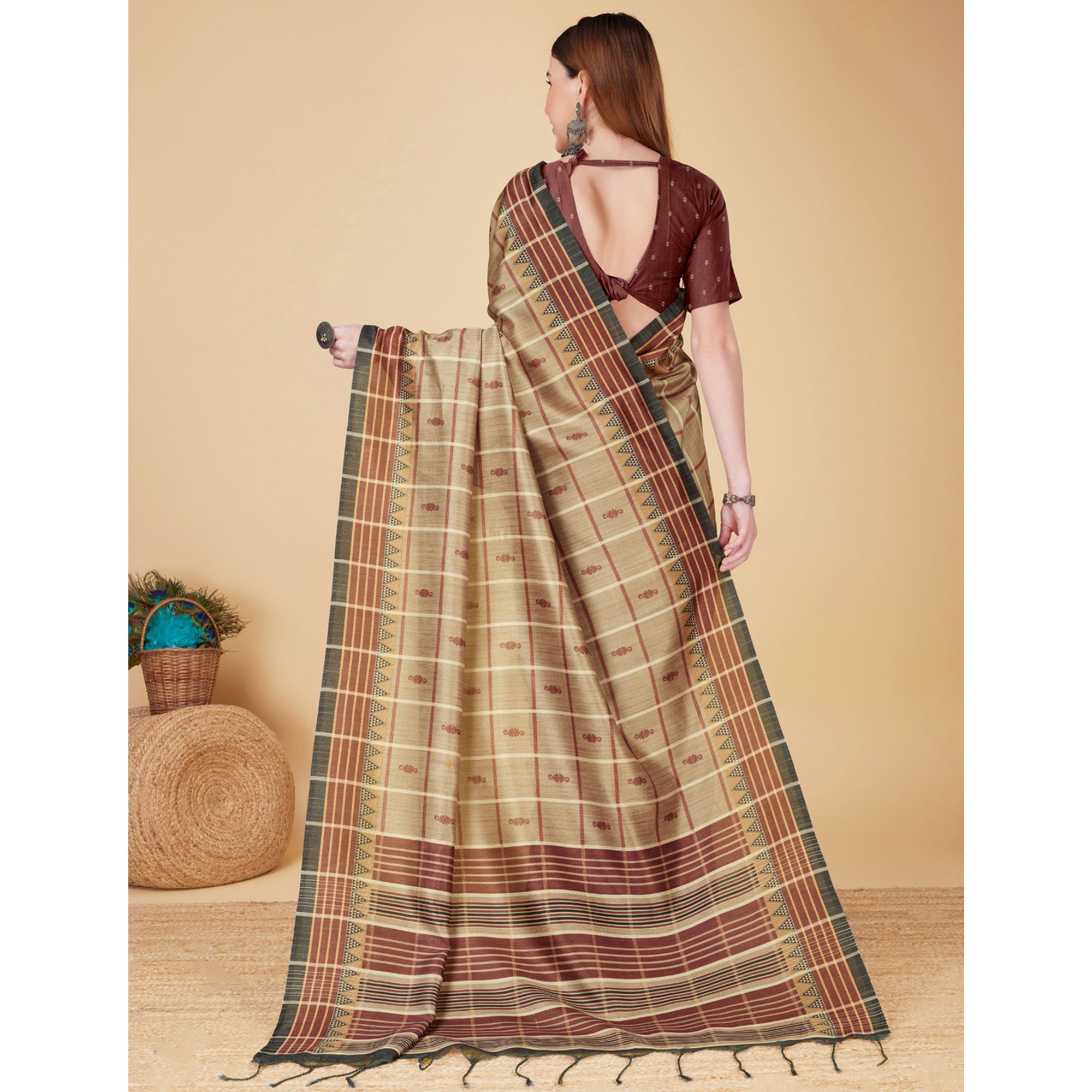 Beige Digital Printed Cotton Silk Saree With Tassels