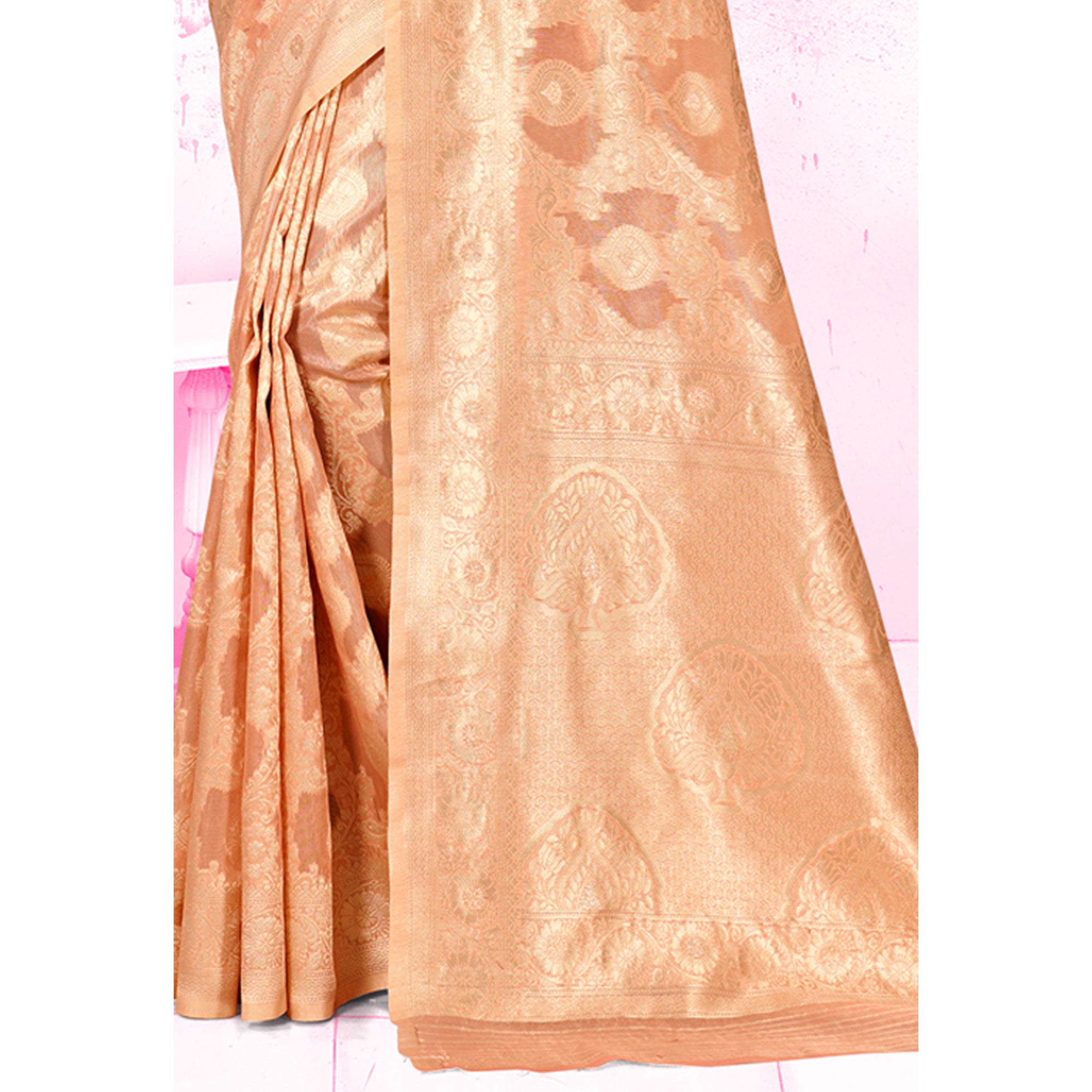 Peach Woven Cotton Blend Saree