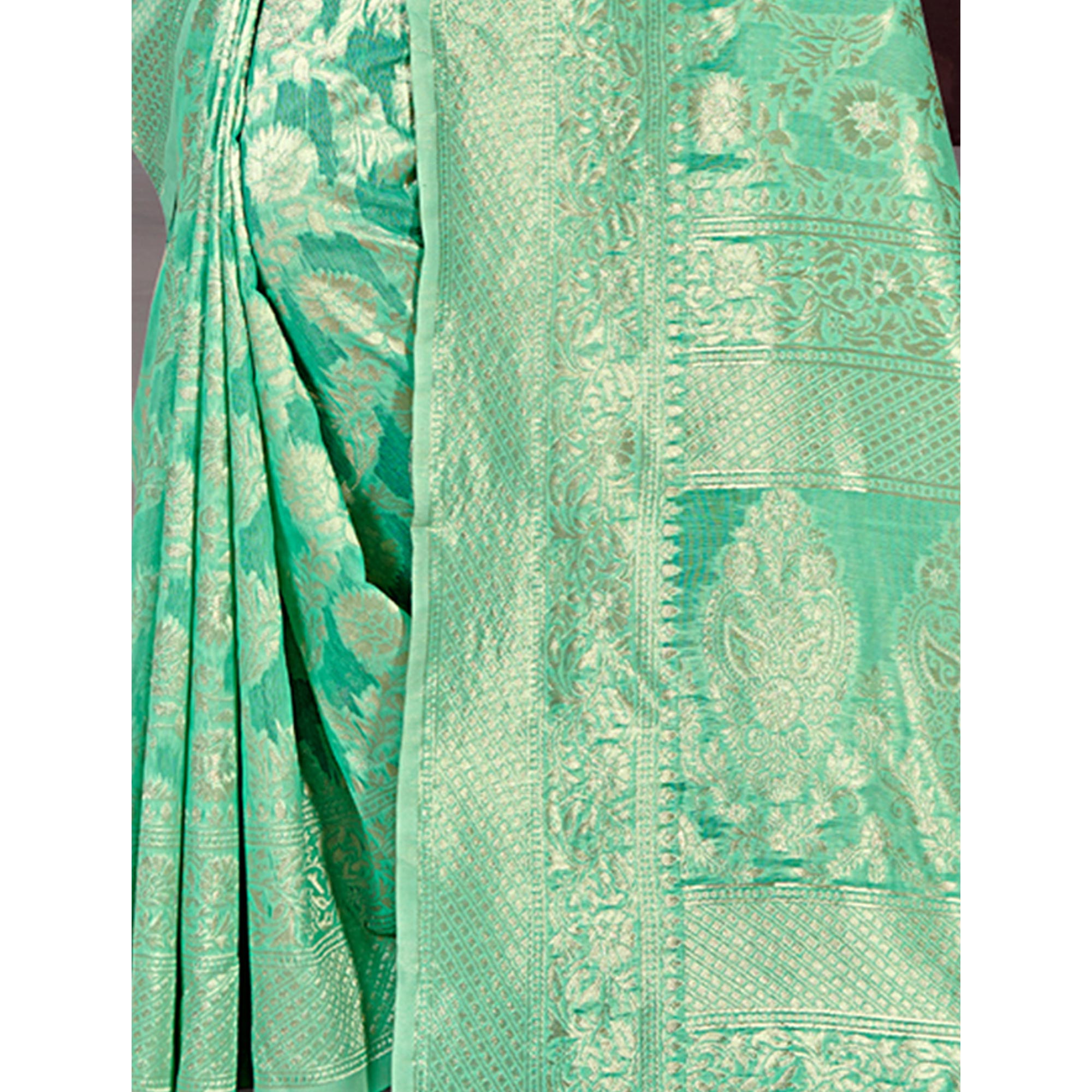 Sea Green Floral Woven Cotton Blend Saree