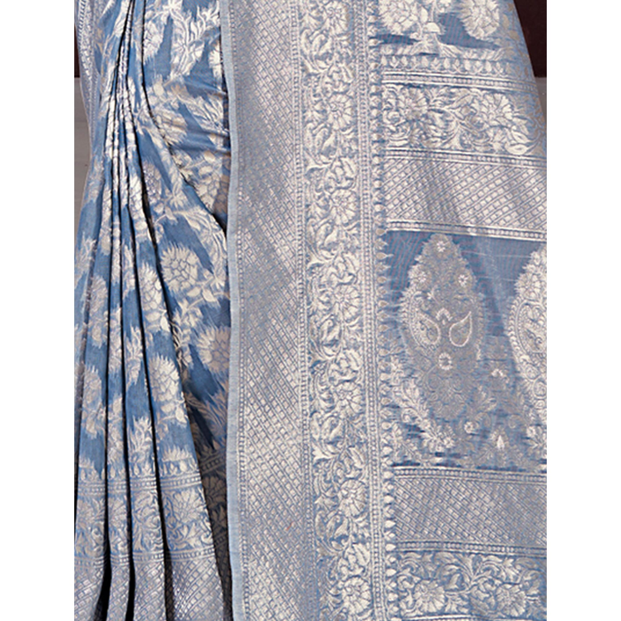 Greyish Blue Floral Woven Cotton Blend Saree