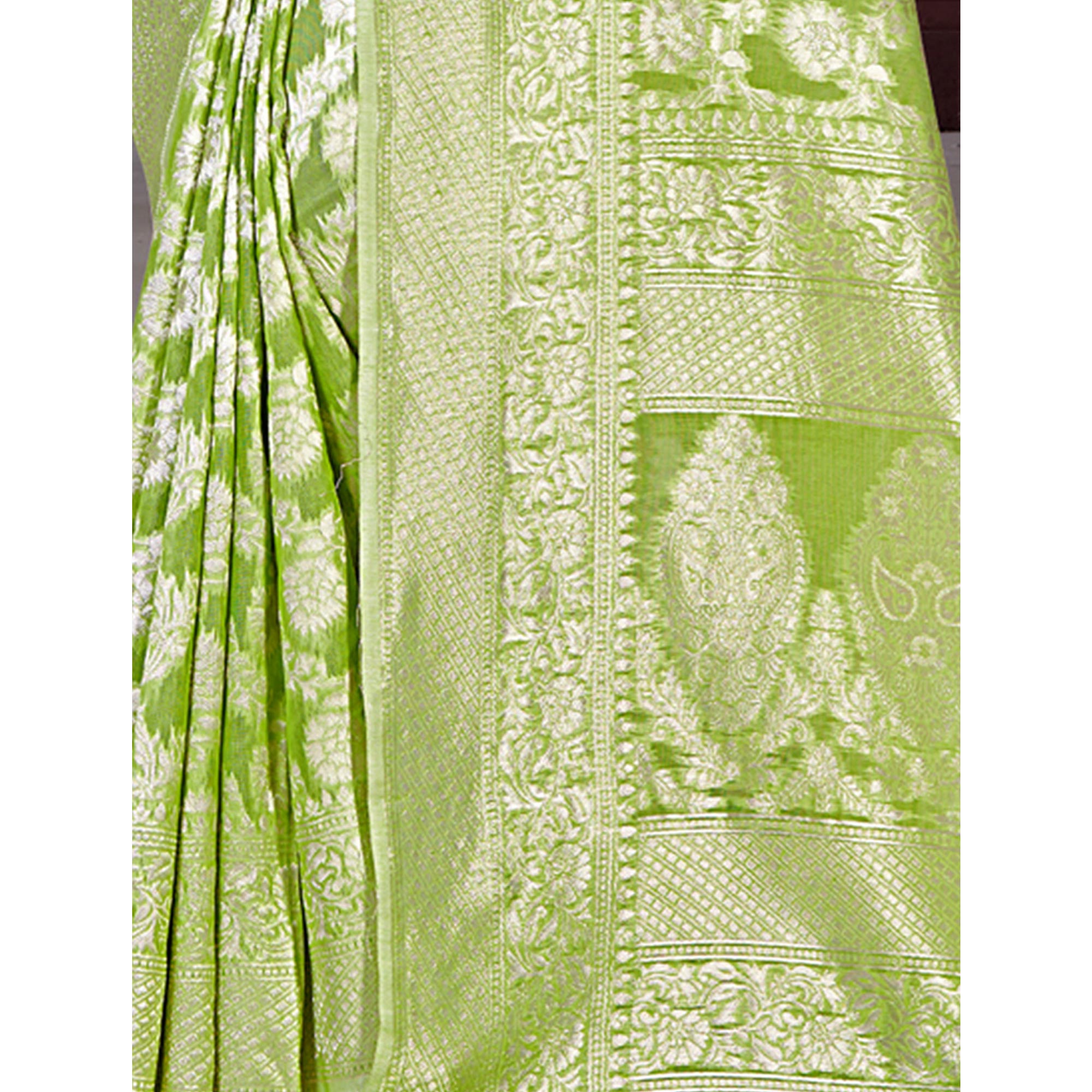 Green Floral Woven Cotton Blend Saree