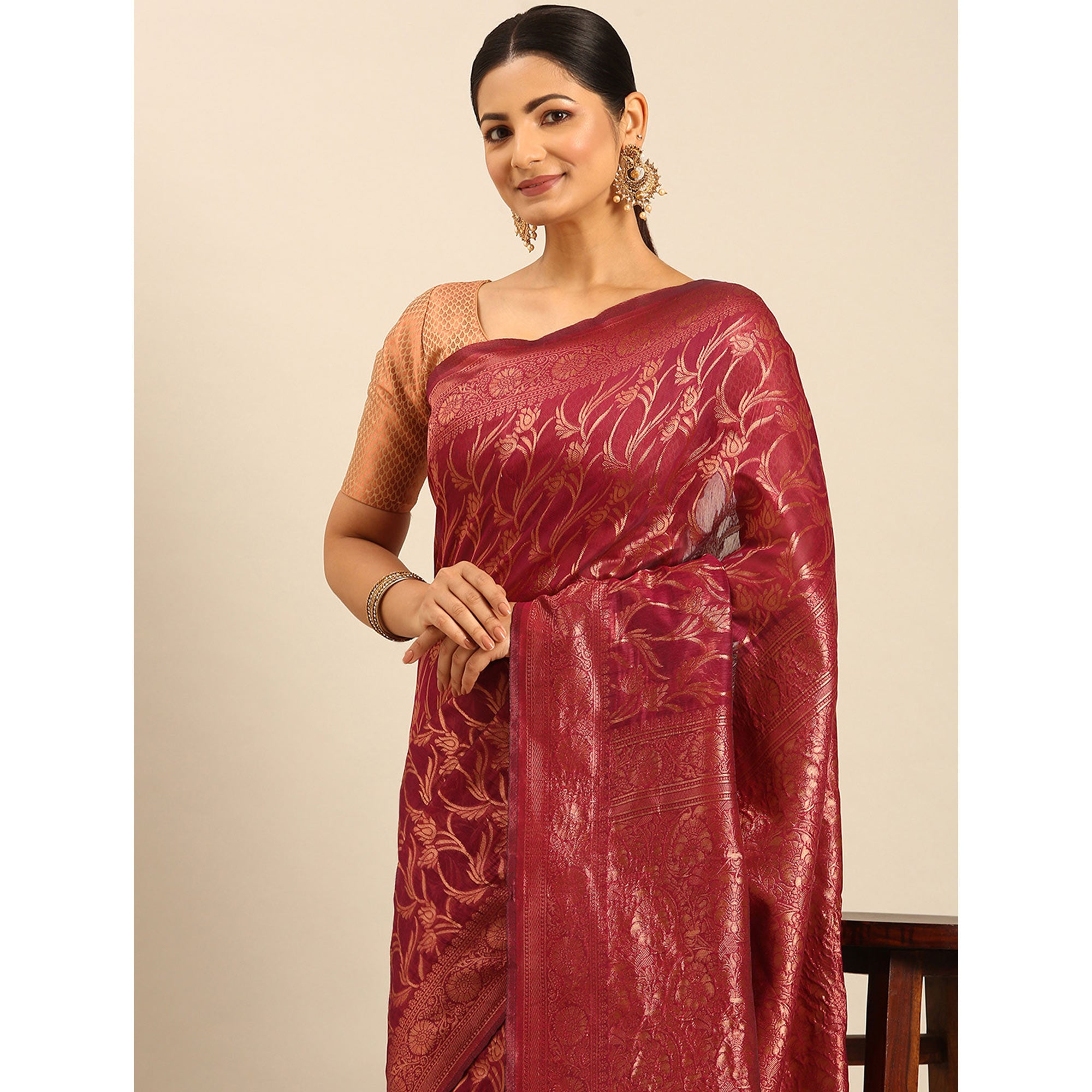 Magenta Floral Woven Cotton Silk Saree