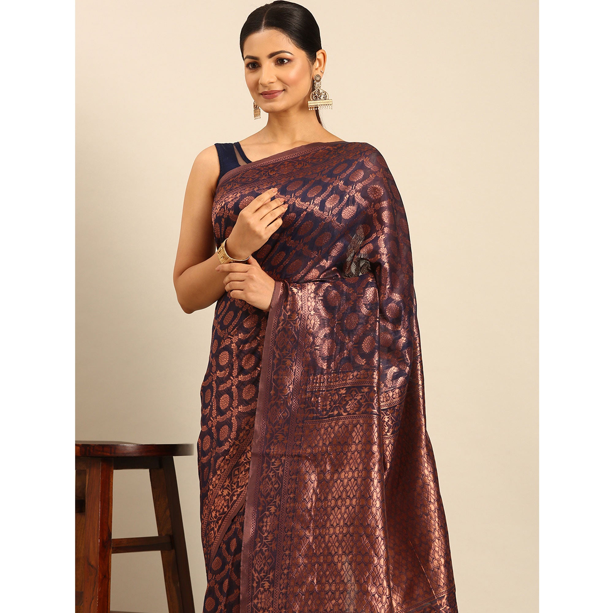 Navy Blue Floral Woven Cotton Silk Saree