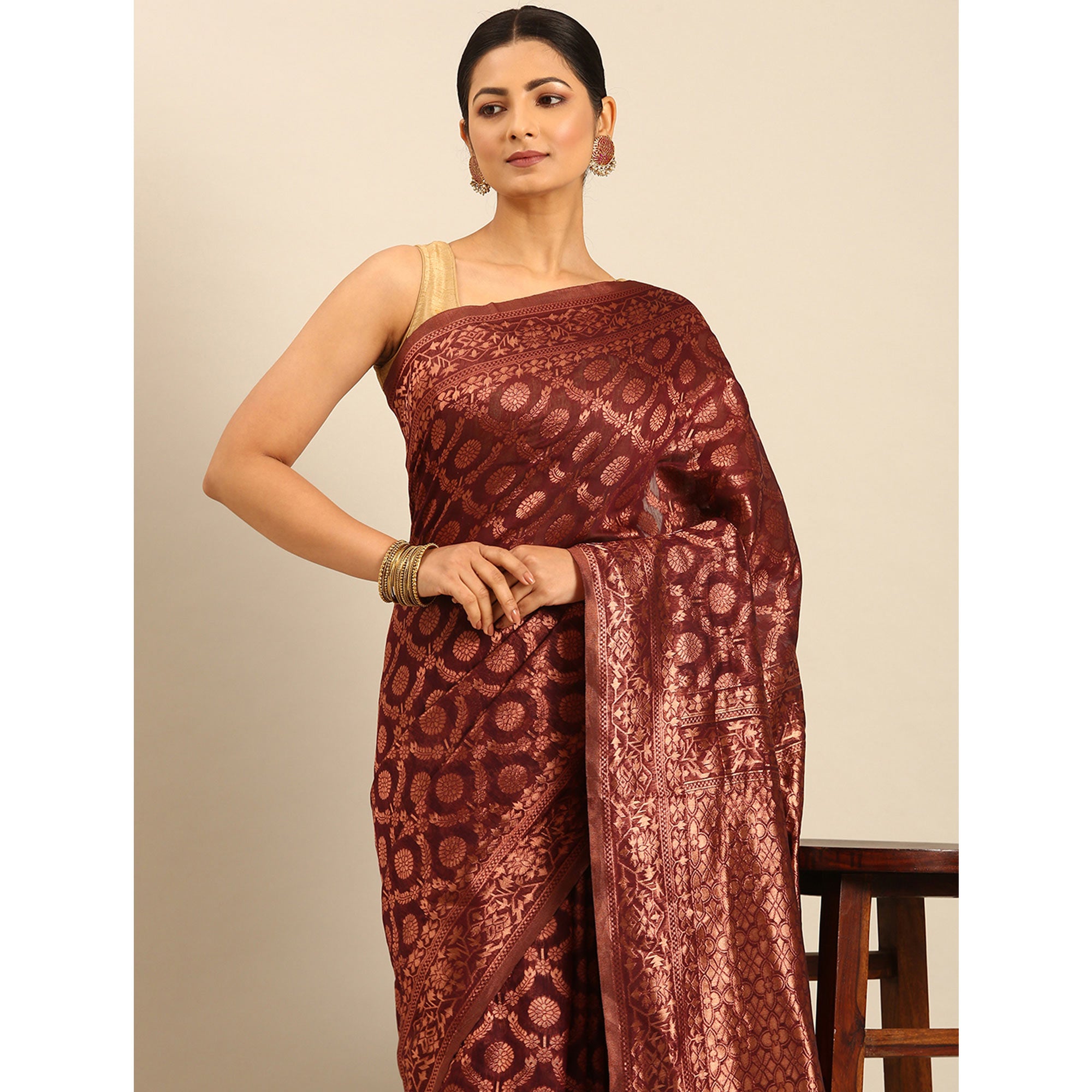 Maroon Floral Woven Cotton Silk Saree