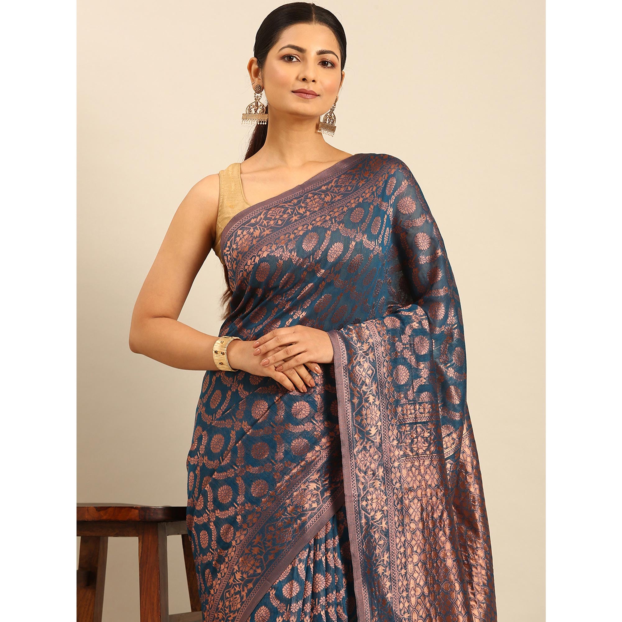Teal Floral Woven Cotton Silk Saree