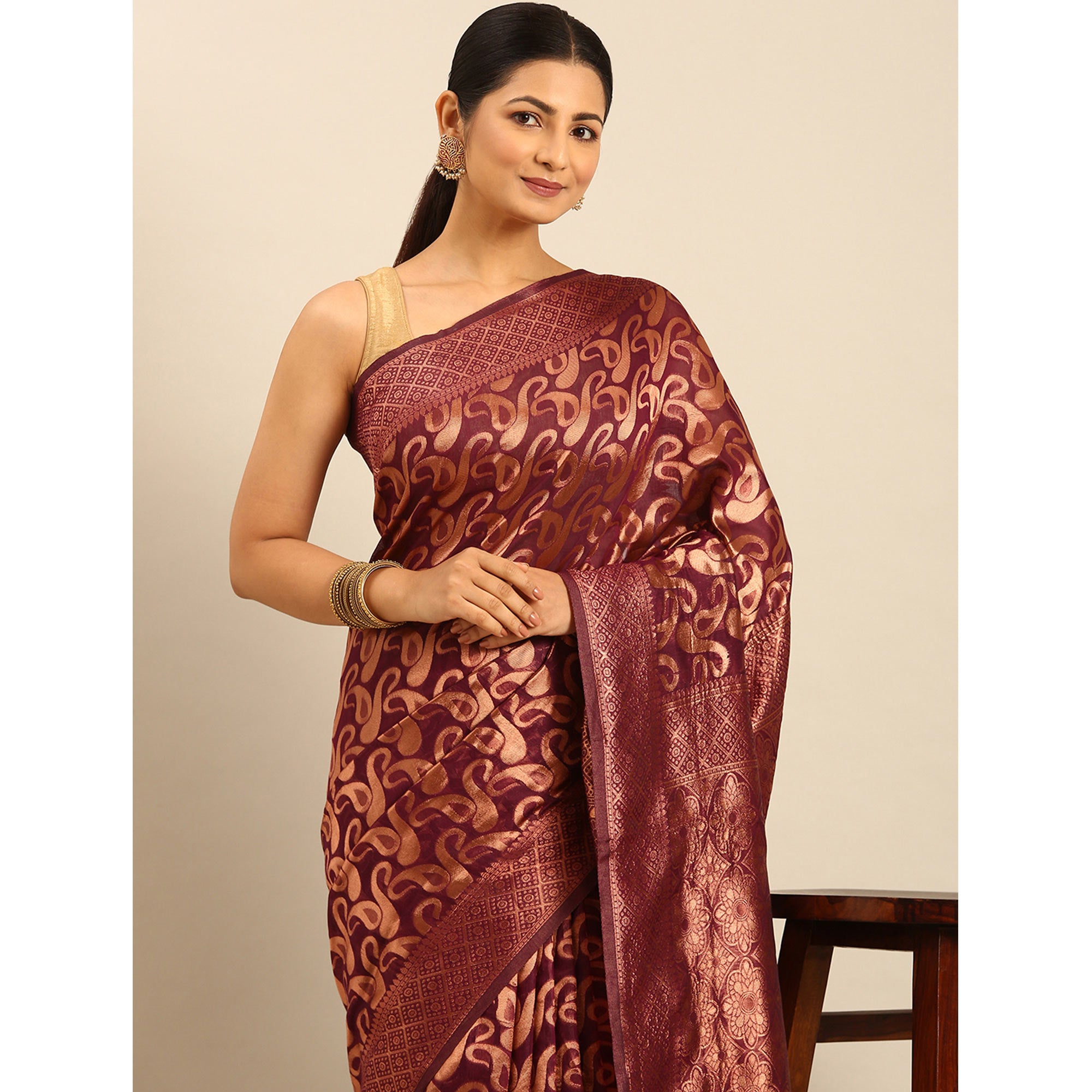 Wine Floral Woven Cotton Silk Saree