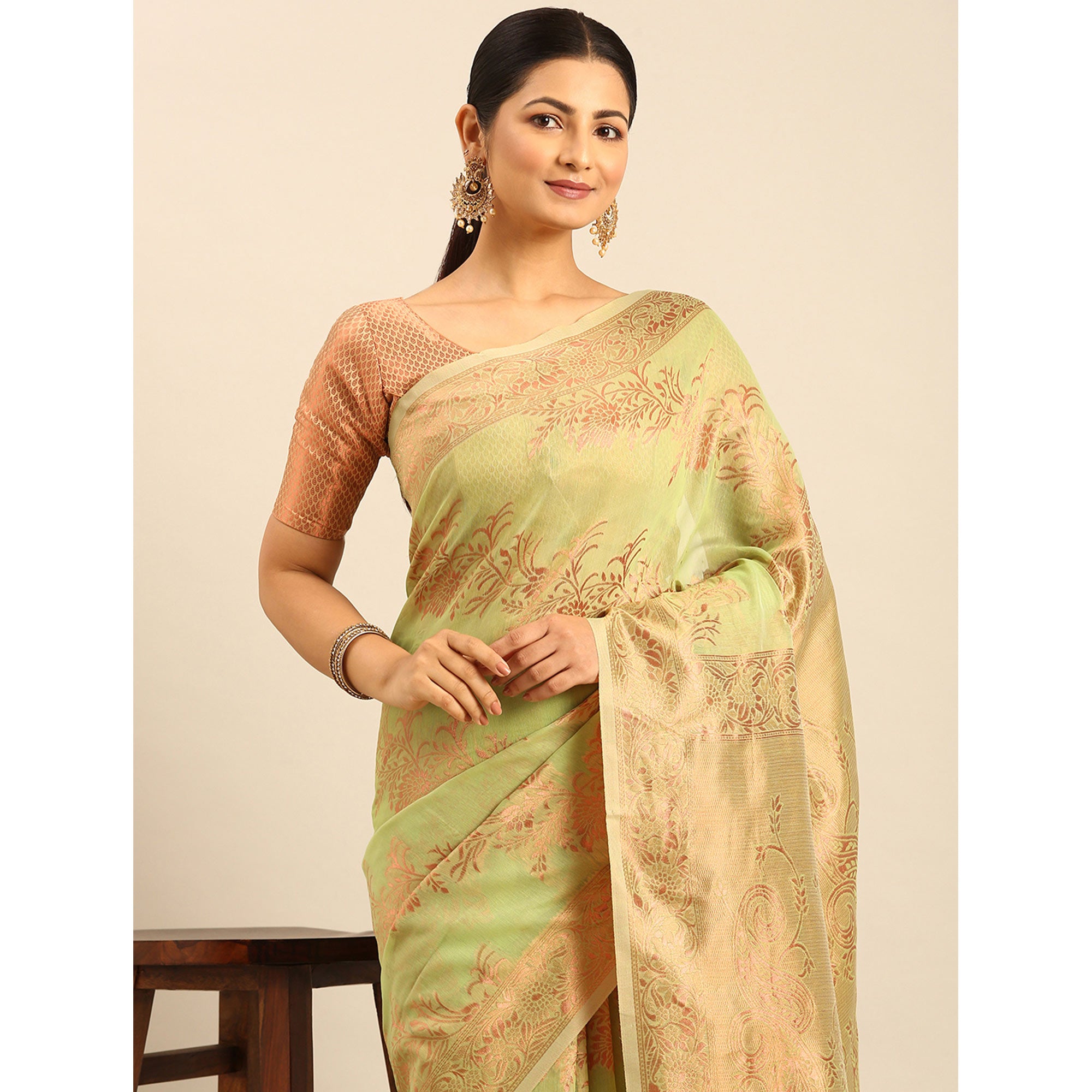 Green Floral Woven Cotton Silk Saree