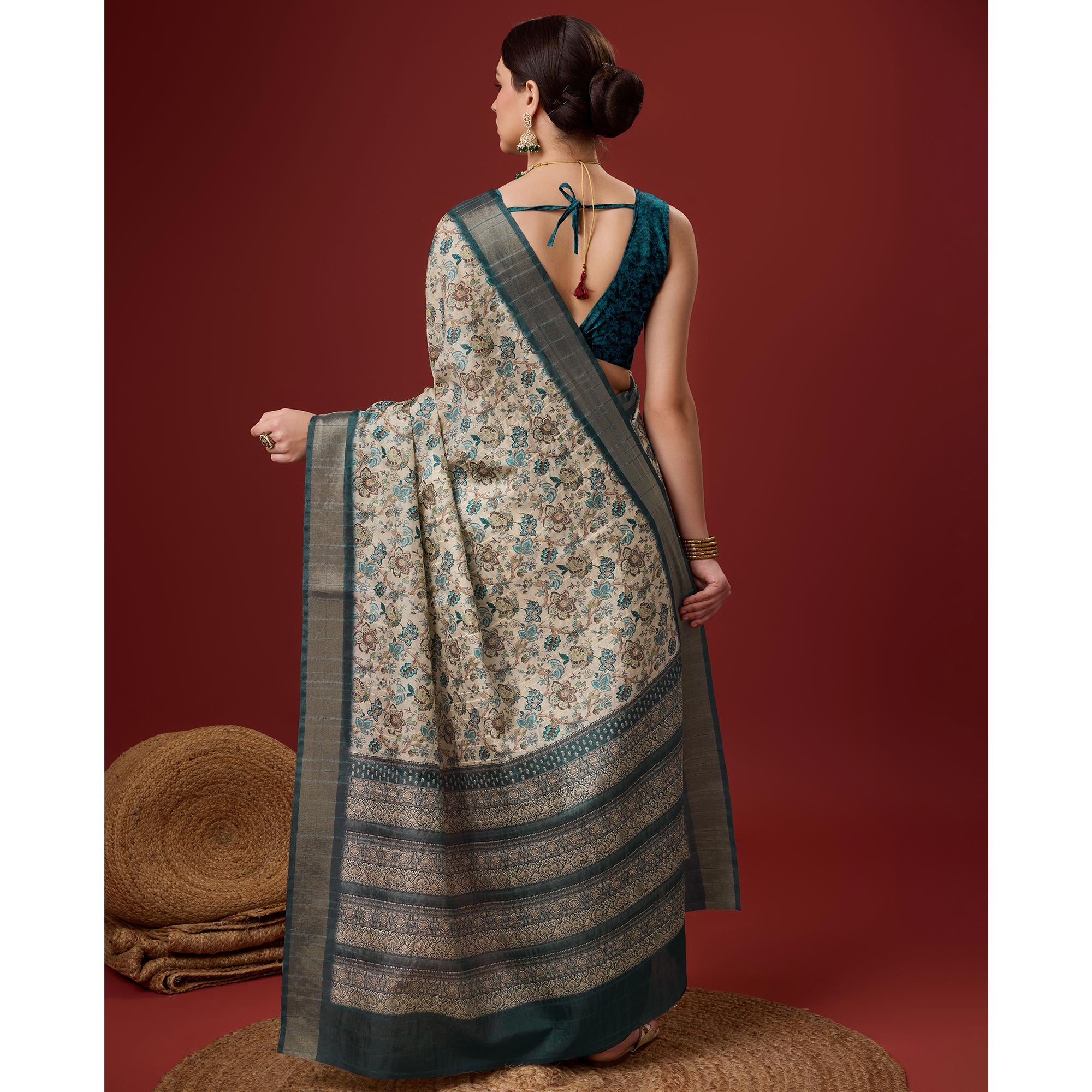 Dusty Cream Digital Printed Cotton Silk Saree