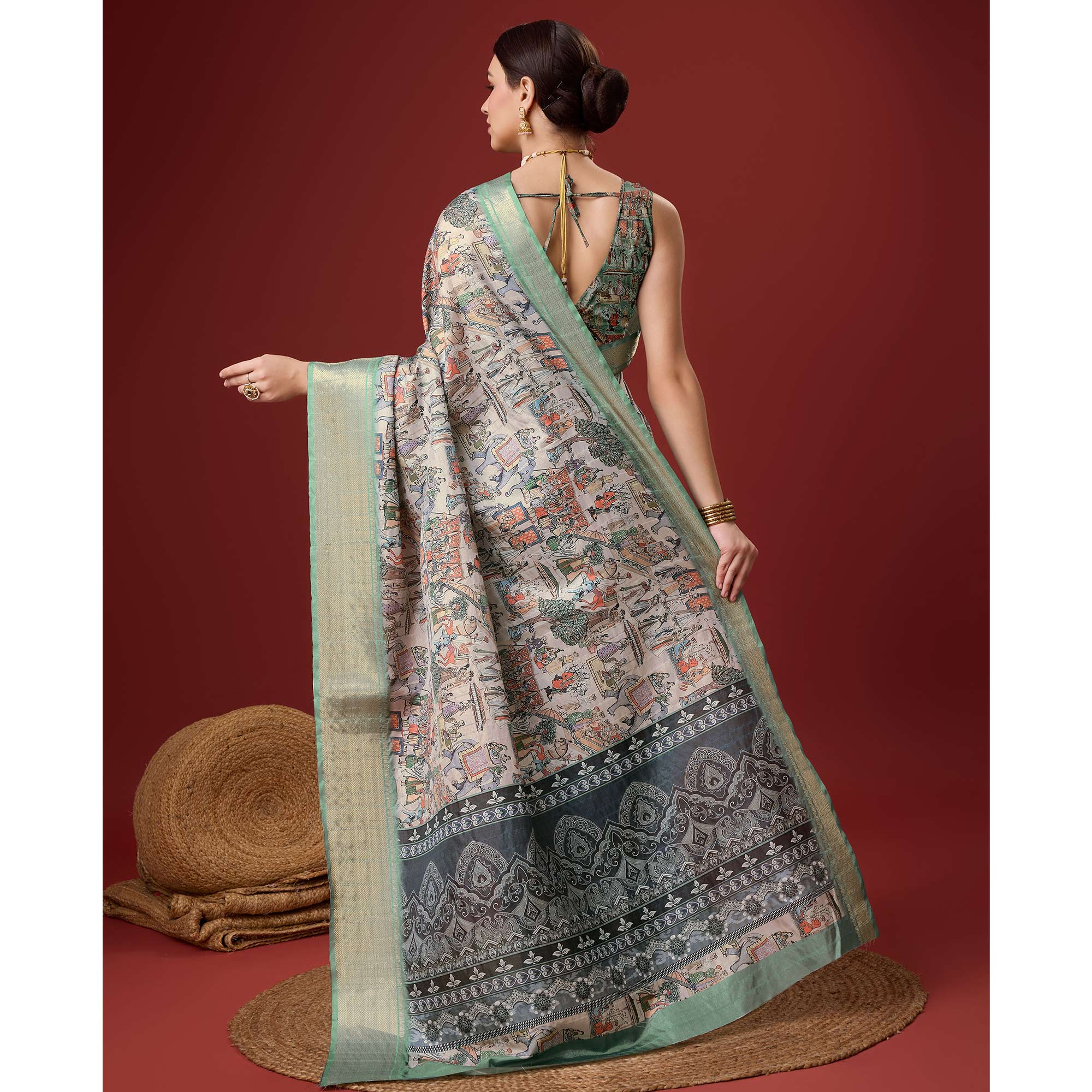 Ash Grey Digital Printed Cotton Silk Saree