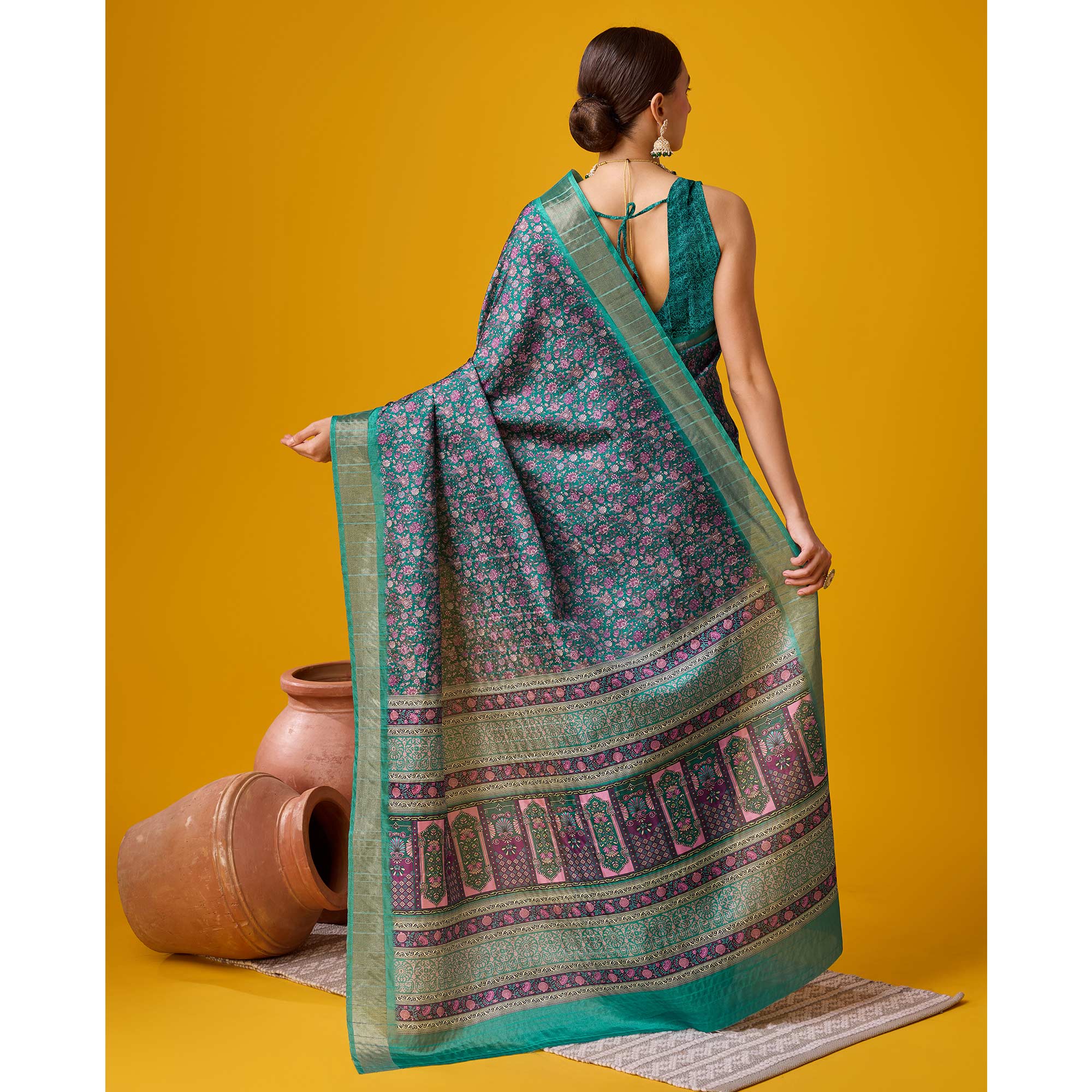 Rama Green Digital Printed Cotton Silk Saree