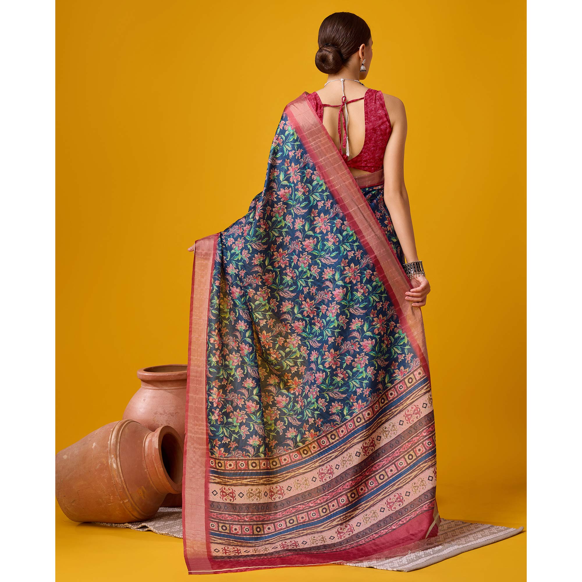 Navy Blue Digital Printed Cotton Silk Saree