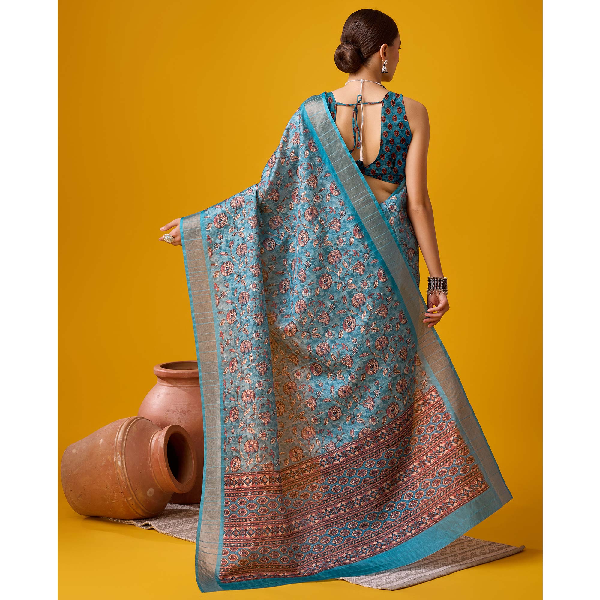 Sky Blue Digital Printed Cotton Silk Saree