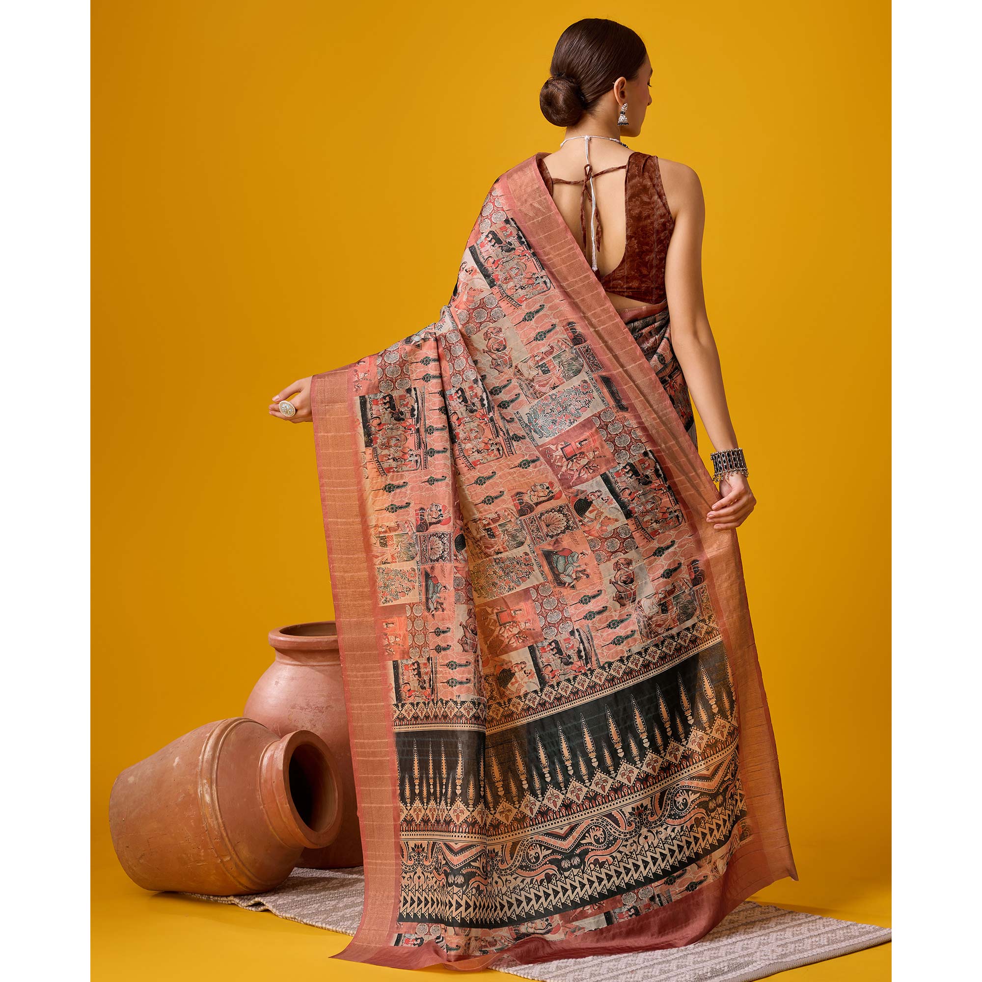 Peach Digital Printed Cotton Silk Saree