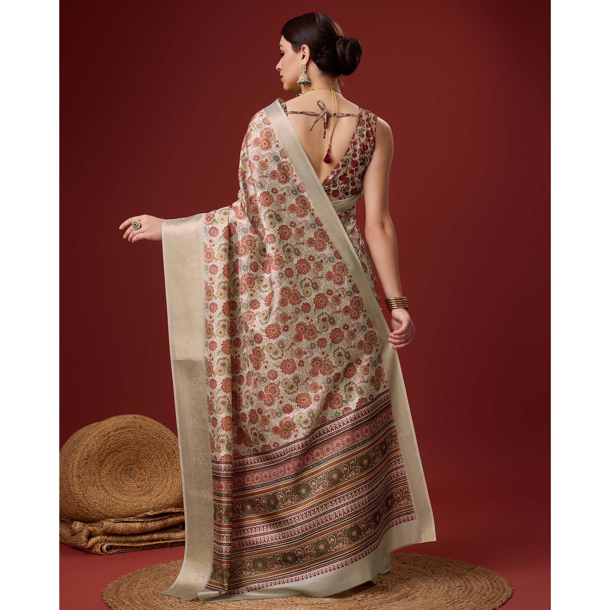 Beige Digital Printed Cotton Silk Saree With Border