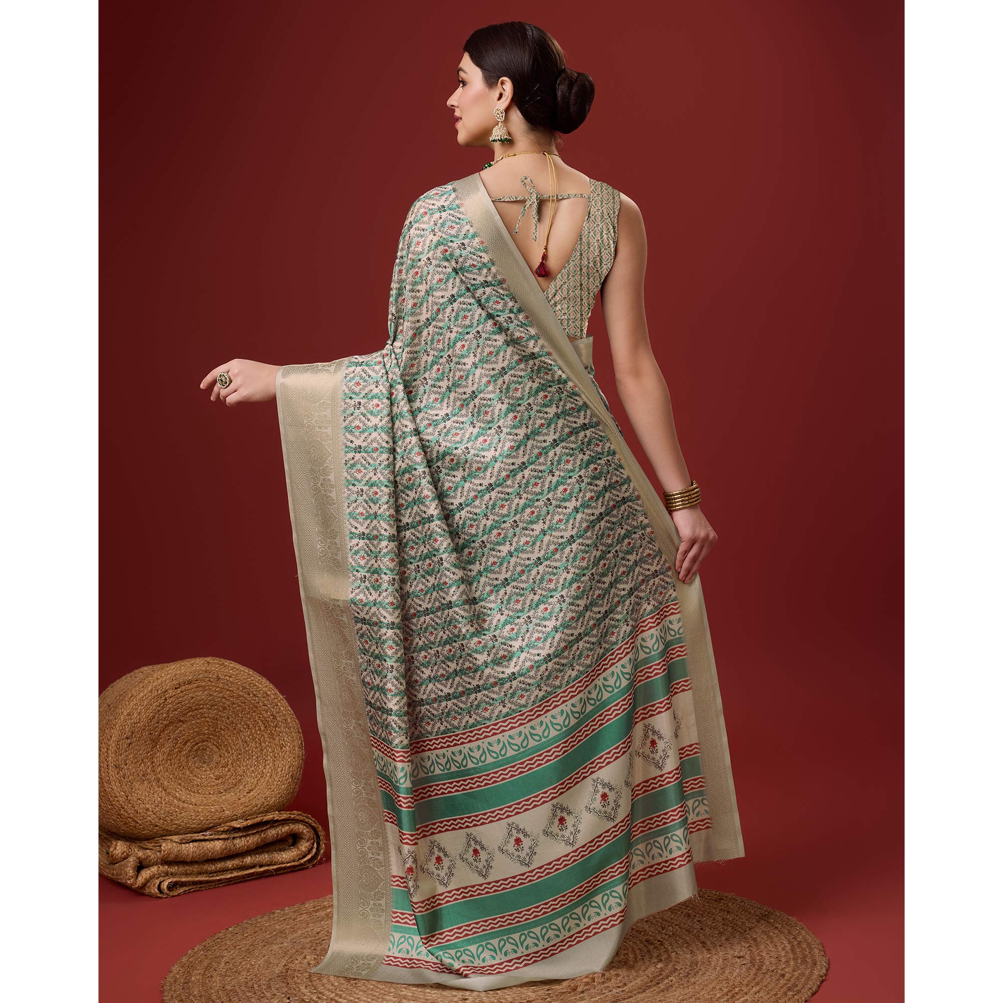 Beige Digital Printed Cotton Silk Saree With Border