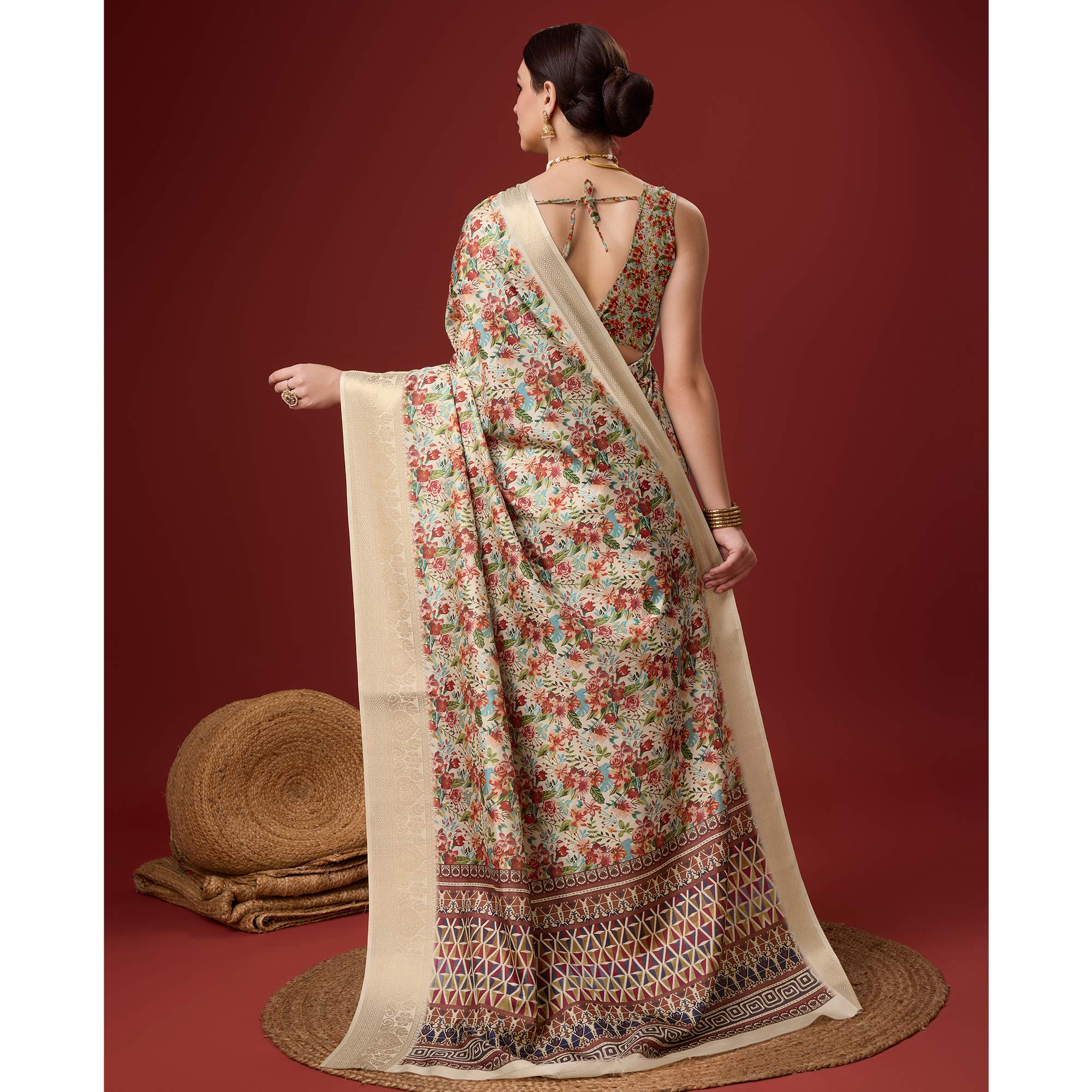 Beige Digital Printed Cotton Silk Saree With Border