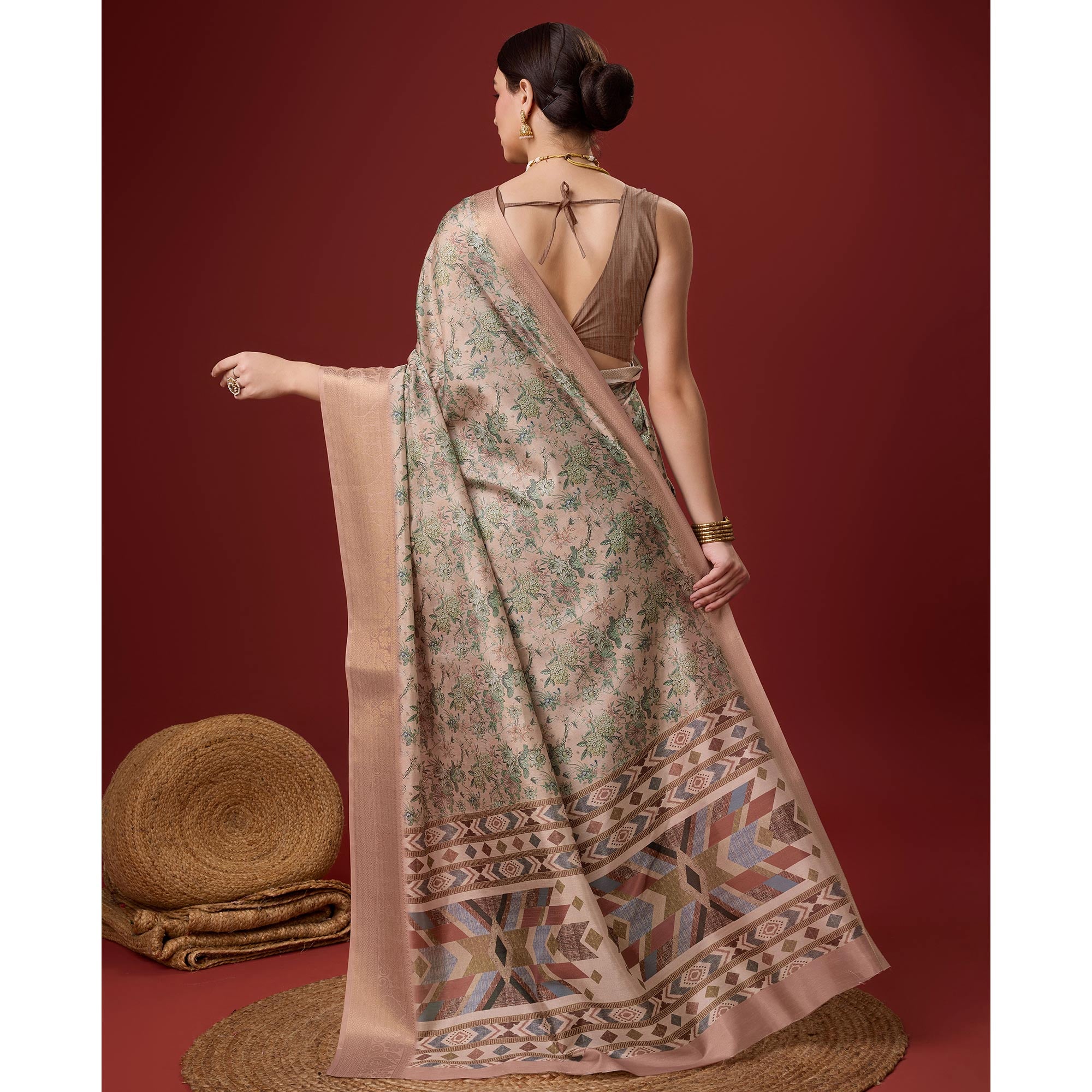 Beige Digital Printed Cotton Silk Saree With Border