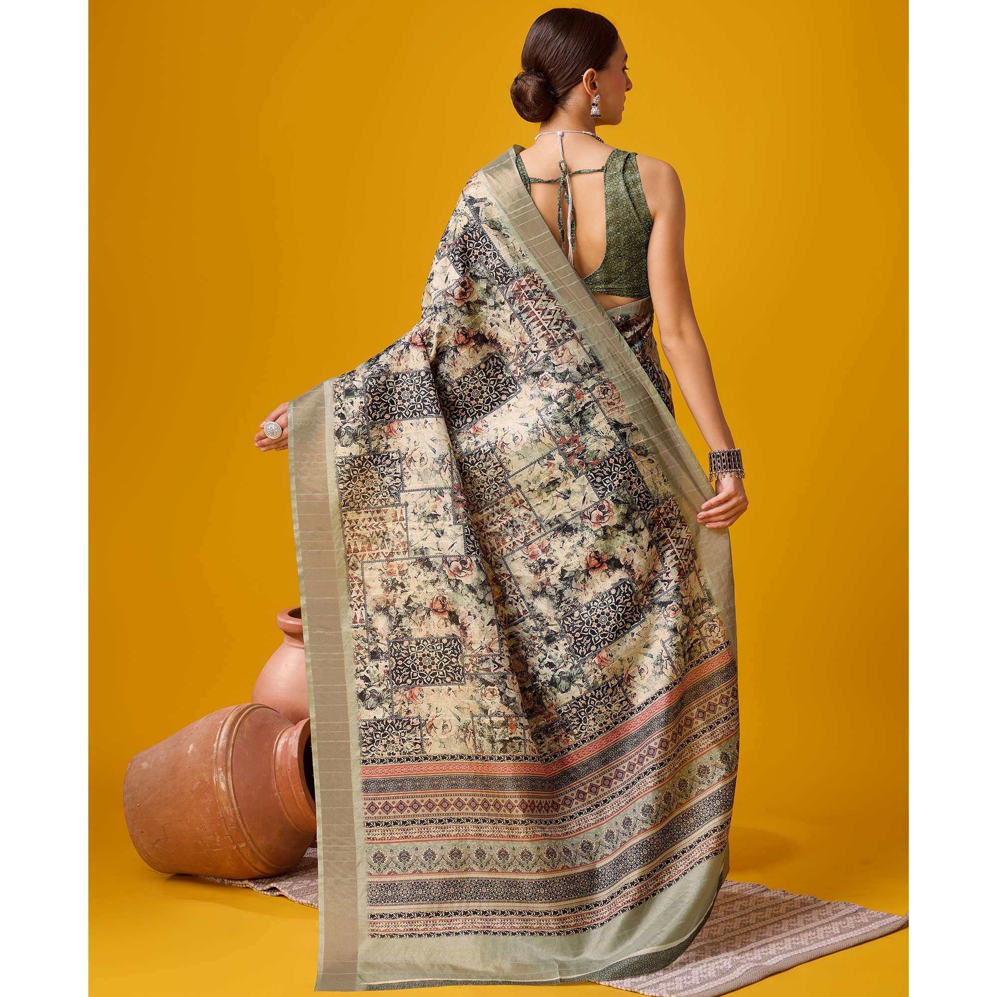 Beige Digital Printed Cotton Silk Saree With Border