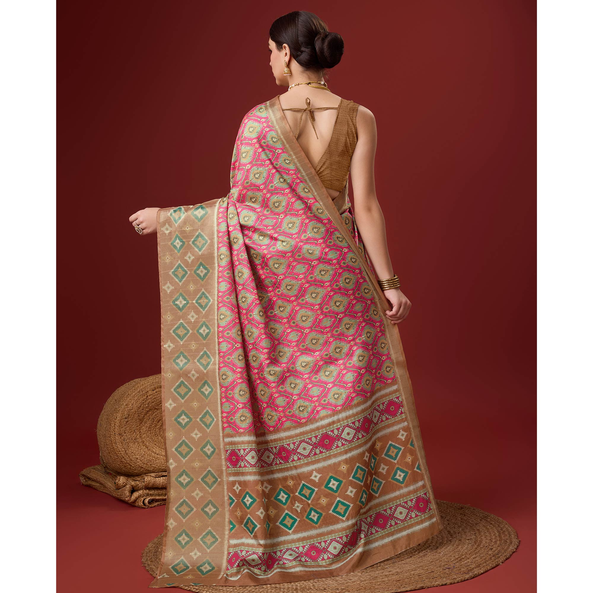 Pink Digital Printed Cotton Silk Saree With Border
