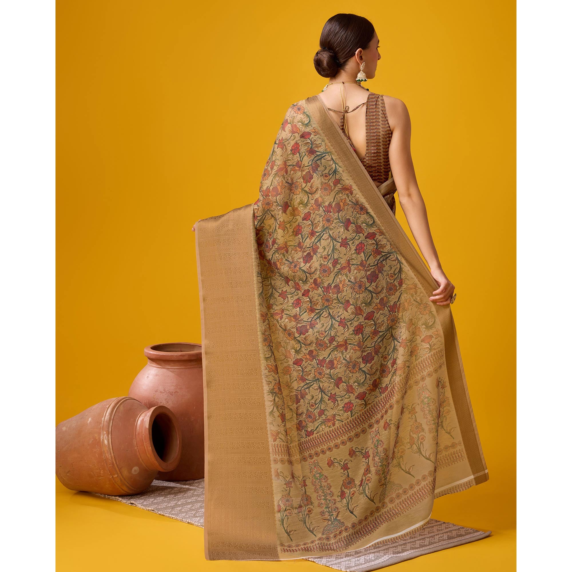 Beige Digital Printed Cotton Silk Saree With Border
