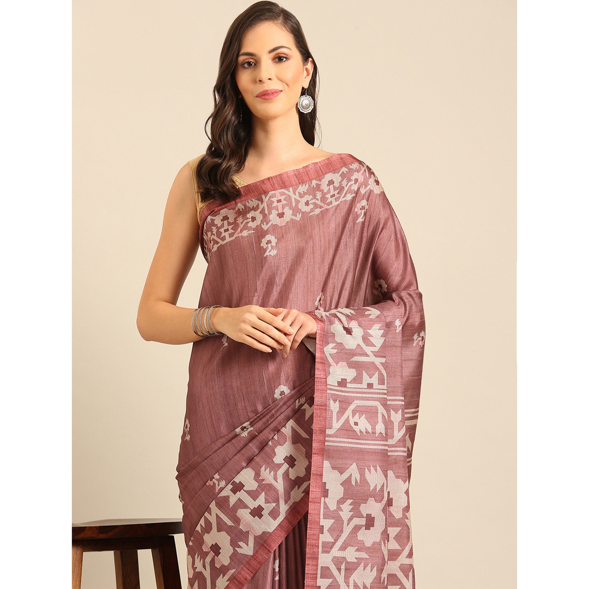 Dusty Rose Pink Digital Printed Cotton Blend Saree