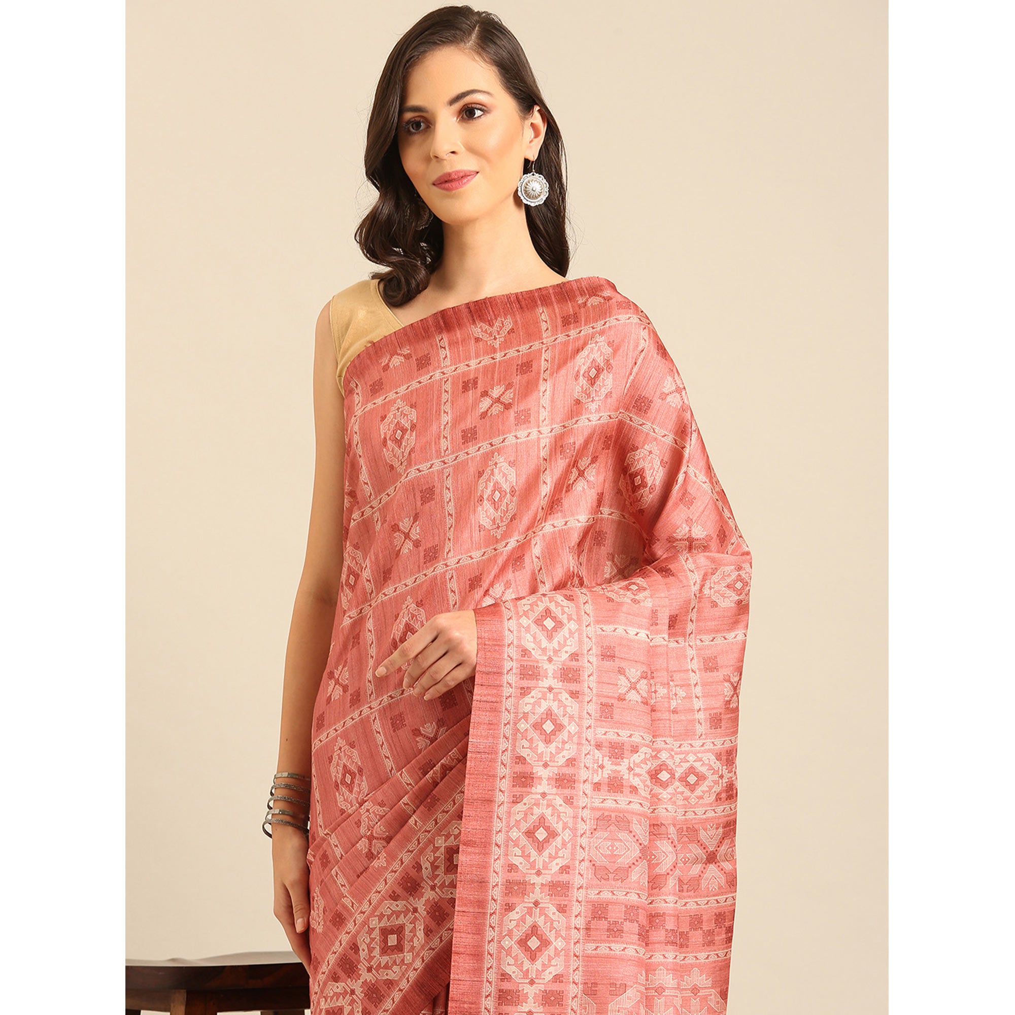 Peach Floral Digital Printed Cotton Blend Saree