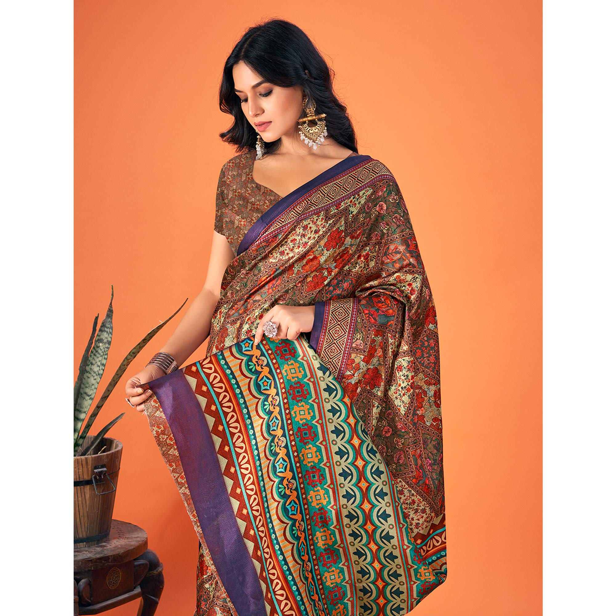 Multicolor Printed Pashmina Saree